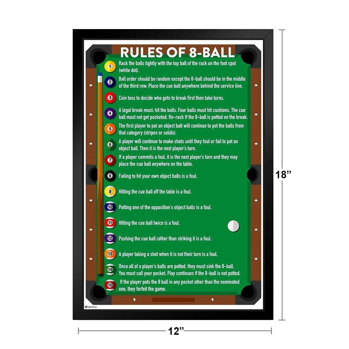 8 Ball Pool Rules - Black Wood Framed Wall Art 14x20 - Billiards Game Room Decor, Pool Table Accessories & Man Cave Sign - Perfect for Home Bar, Basement, or Sports Themed Office