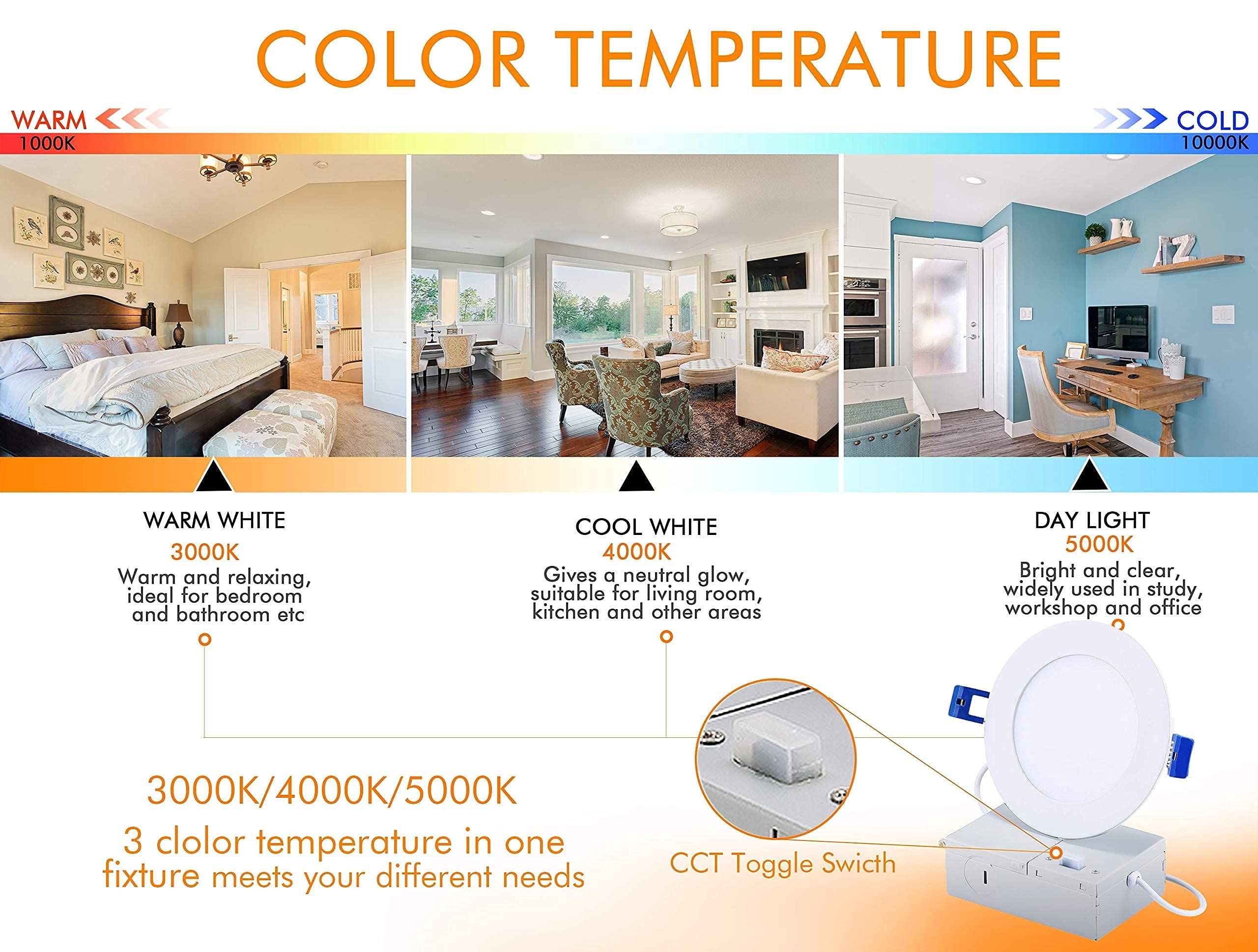 Cloudy Bay 4 Inch & 3 Inch LED Recessed Lighting Kit - 6 Pack Dimmable Downlights with 3 Color Temperature Options (2700K-5000K) for Bedroom, Kitchen & Living Room Ceiling Installation