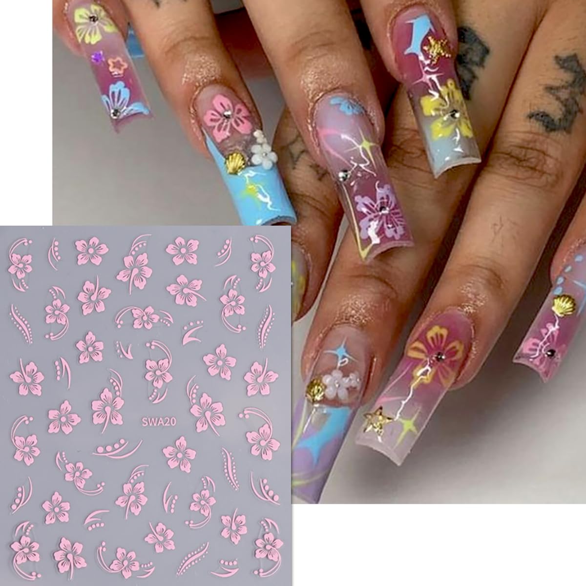 8 Sheets 3D Flower Nail Art Stickers - Self-Adhesive Pink White Gold Floral Nail Decals for DIY Manicure | Cute Nail Supplies for Women & Girls | Perfect for Parties, Weddings, and Everyday Nail Decorations