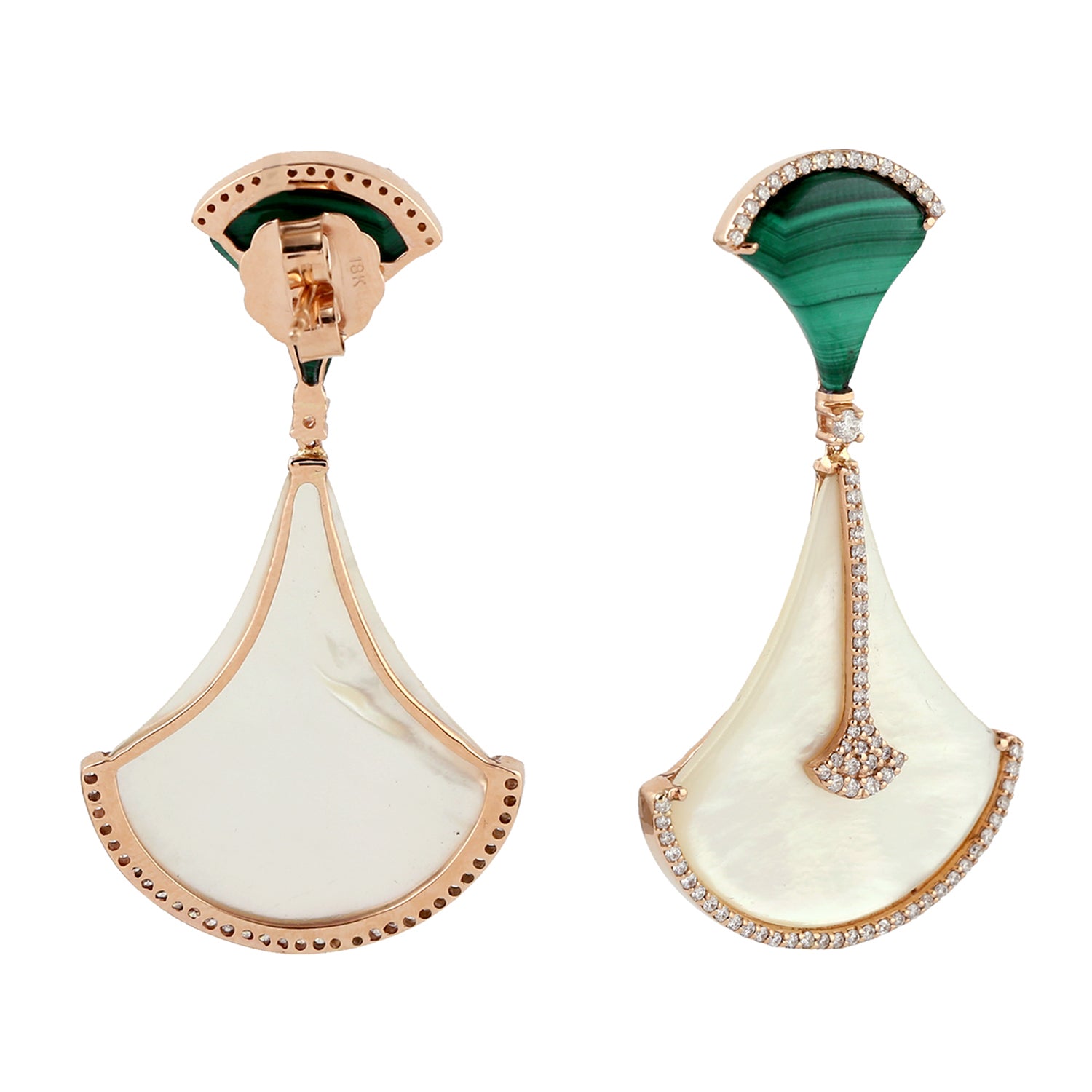 Exquisite MOP Fancy Cut Malachite Pave Diamond Fan Dangle Earrings in Rose Gold - Perfect for Weddings, Parties & Special Occasions