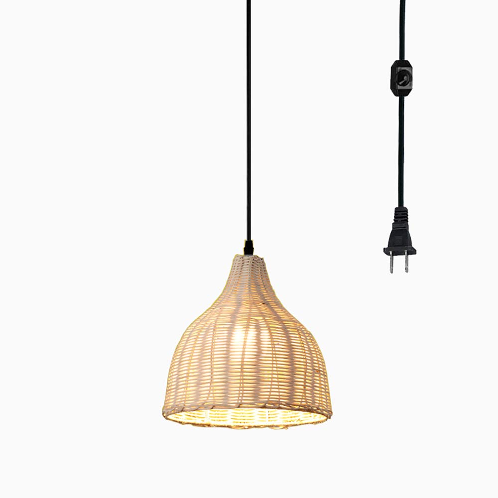 15ft Black Plug-in UL Listed On/Off Dimmer Switch Cord with E26 Lamp Holder - Vintage Rattan Pendant Light for Dining Room, Cafe, Restaurant & Home Decor (Bulbs Not Included) - Perfect for Ambient Lighting in Living Spaces