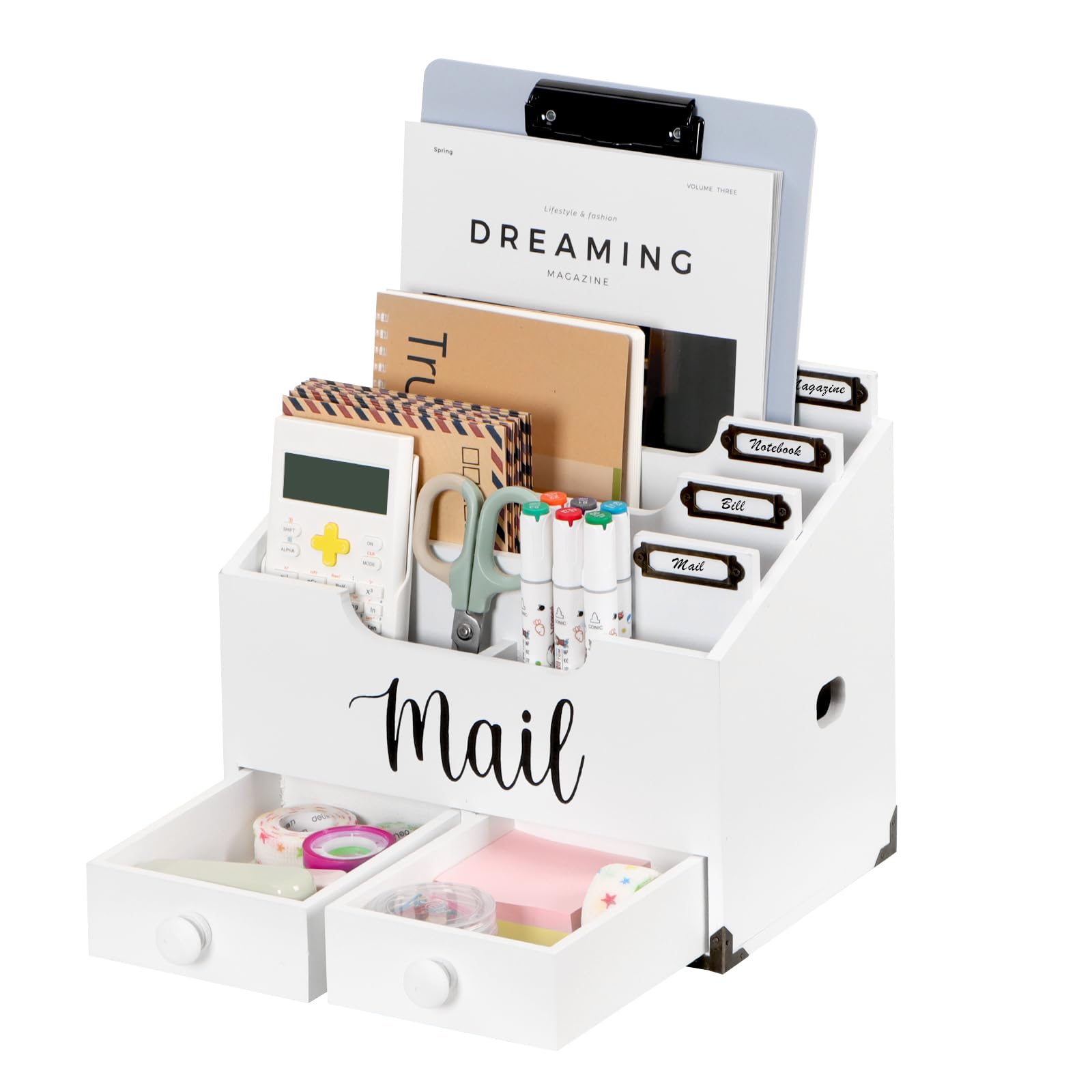 RELBRO White Wood Mail Organizer with 2 Drawers & 4 Compartments - Desktop File Organizer for Letters, Bills & Documents | Office Desk Accessory for Home & Study Organization