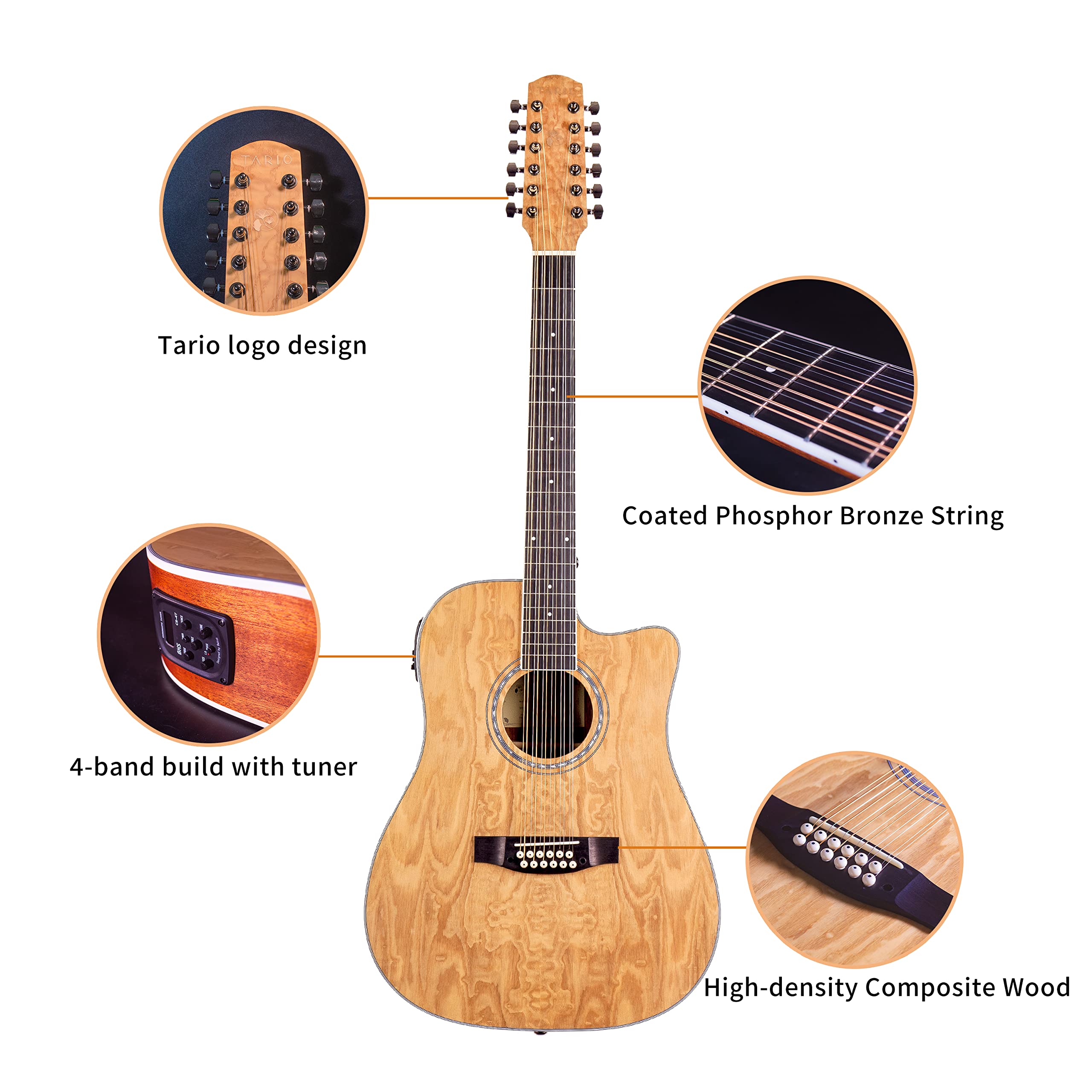 TARIO 12-String Acoustic Electric Guitar with Cutaway - Curly Ash Top, Mahogany Back & Sides, Okoume Neck - Perfect for Live Performances, Studio Recording & Traveling Musicians