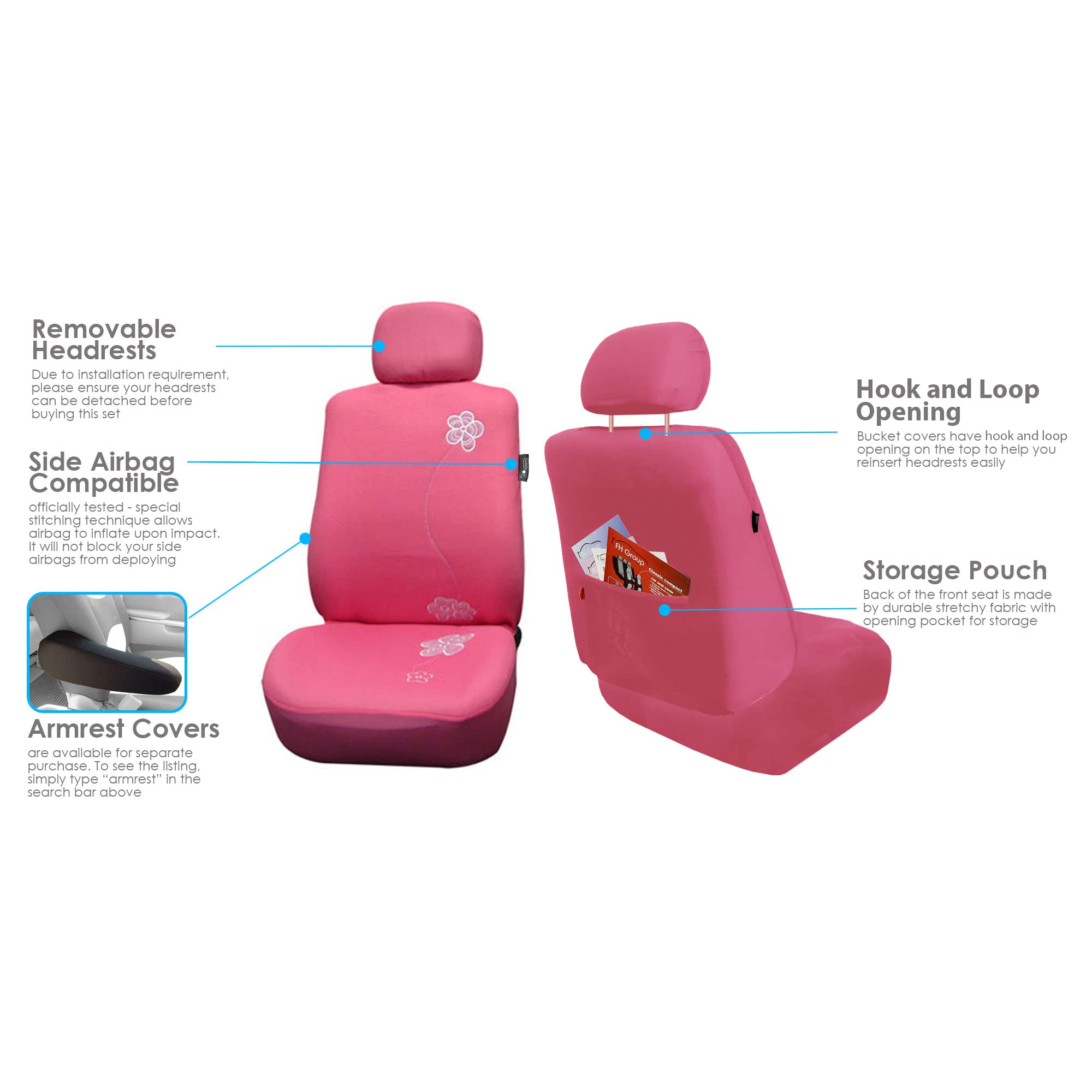 FH Group Floral Pink Car Seat Covers Full Set - Universal Fit Airbag Compatible Split Rear Seat Protector for Cars, Trucks & SUVs | Durable Interior Accessories for Comfort & Style in Daily Commute & Road Trips