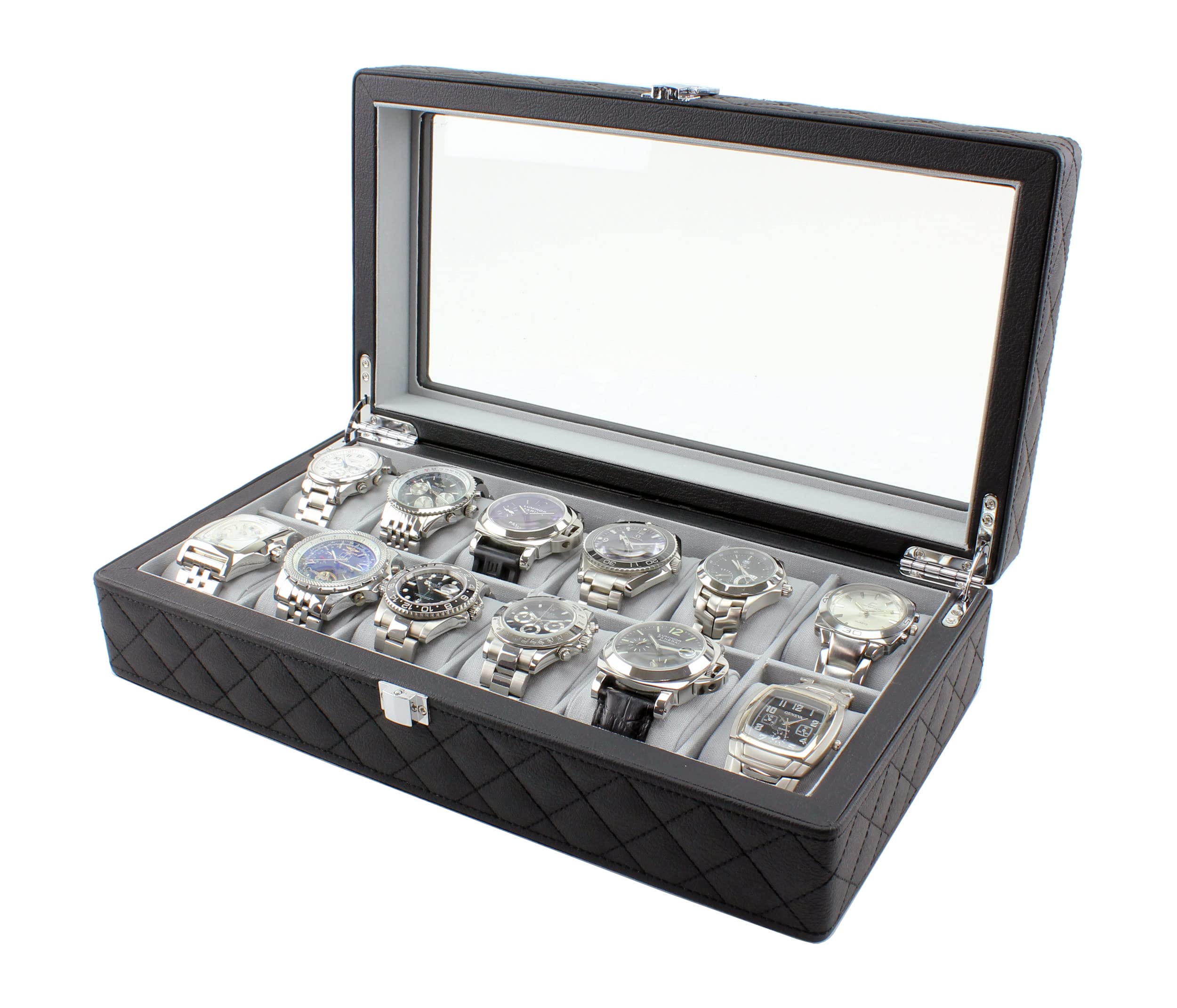 Heiden Monaco Luxury 12-Piece Watch Storage Case - Handcrafted Diamond Stitched Design, Holds 12 Watches, Soft Linen Interior Wood Watch Box for Men | Perfect for Watch Collectors, Gift Giving & Travel Storage