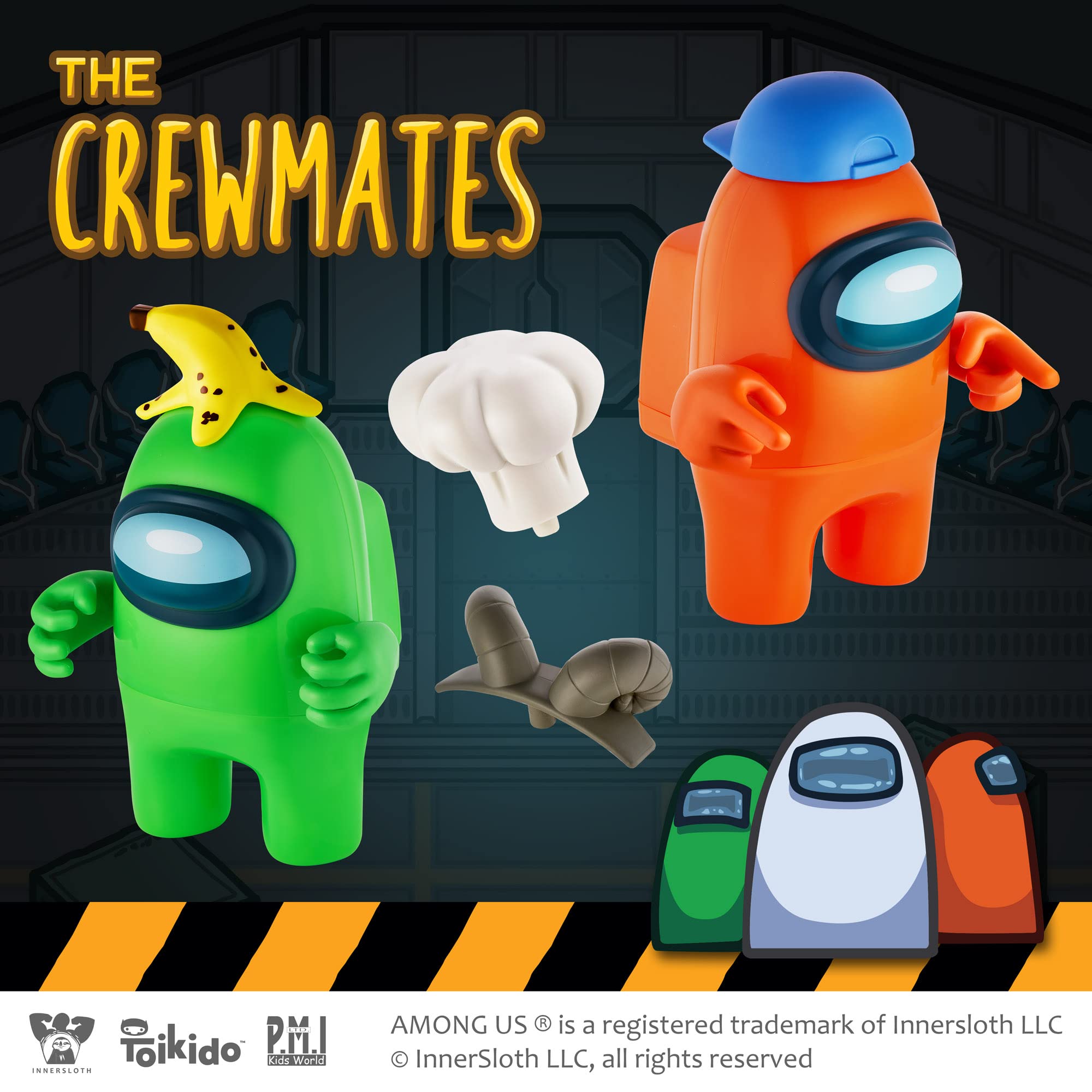 P.M.I. Among Us Action Figures - Set of 2 (Green & Orange) 7-Inch Collectible Crewmates with 6 Accessories (Hats & Hands) | Playable Mini Toys for Kids | Perfect for Birthday Gifts, Game Nights & Among Us Fans Collection
