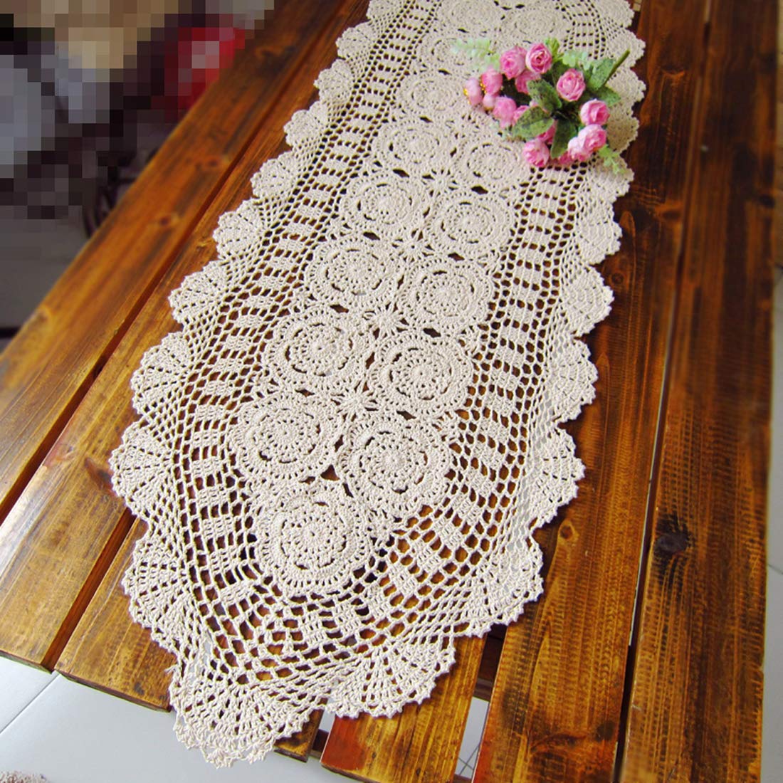 Damanni Handmade Crochet Lace Table Runner - 15x39 Inch Oval Cotton Doily Dresser Scarf in Beige - Perfect for Dining Tables, Coffee Tables & Home Decor