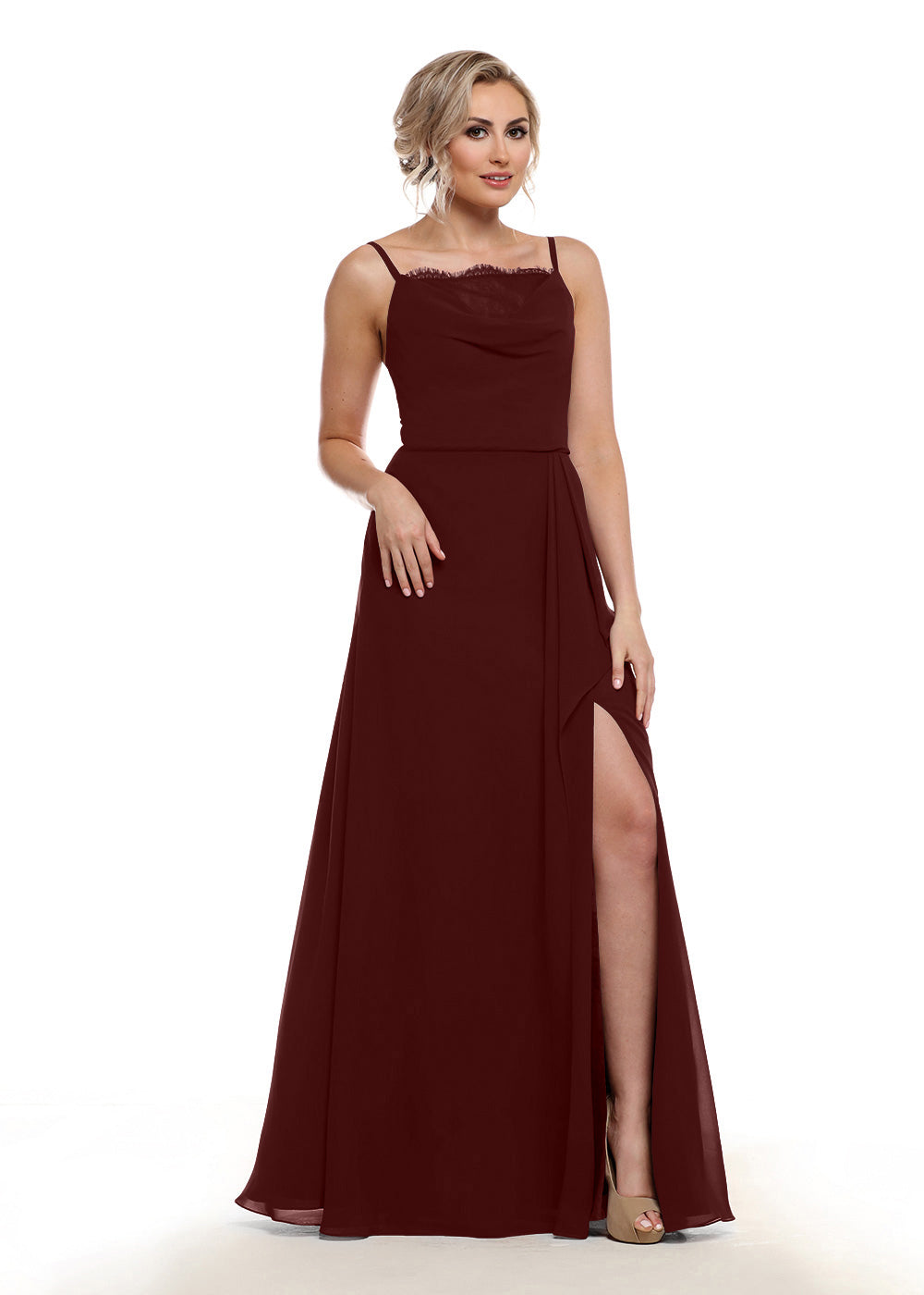 Elegant 80152 Chiffon A-Line Bridesmaid Dress with Lace Bodice & High Slit - Perfect for Weddings, Formal Events & Evening Parties