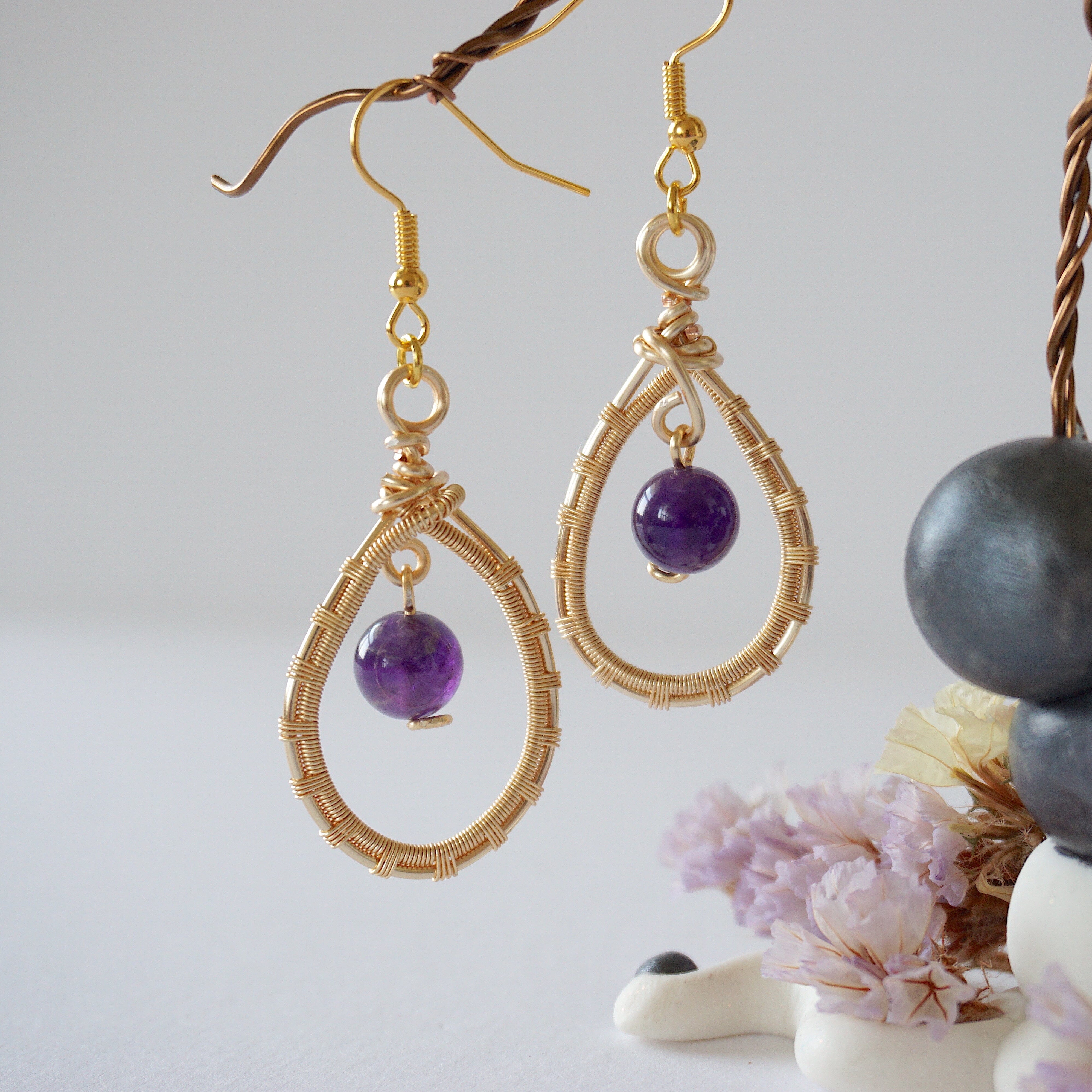 Amethyst Round Wire Earrings - Gold Plated Dangle Earrings for Women | Elegant Jewelry Gift for Birthday, Wedding & Party | Hypoallergenic & Tarnish-Free