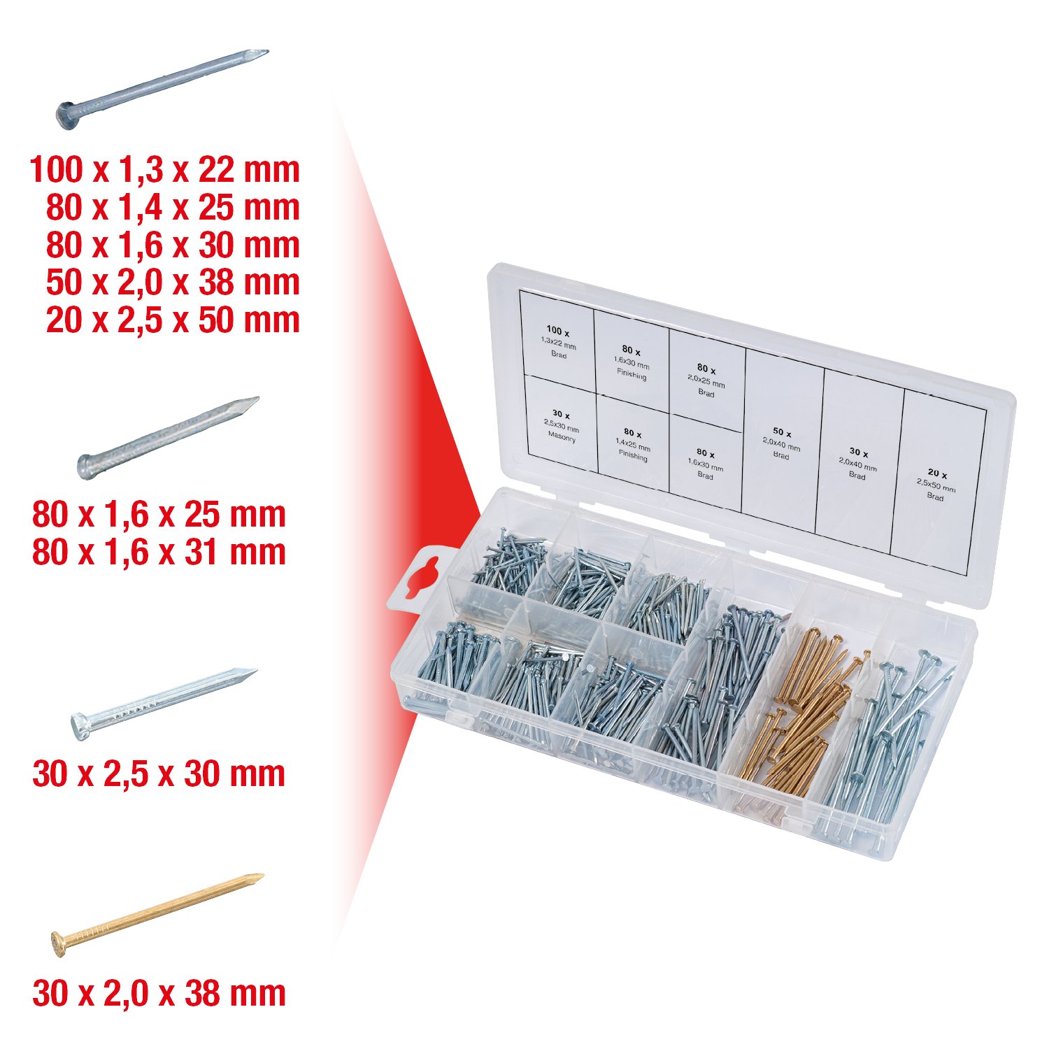 KS TOOLS 970.0370 Clear Nails Assortment - 550 Piece Mixed Size Nail Kit for Woodworking, Carpentry & DIY Home Projects
