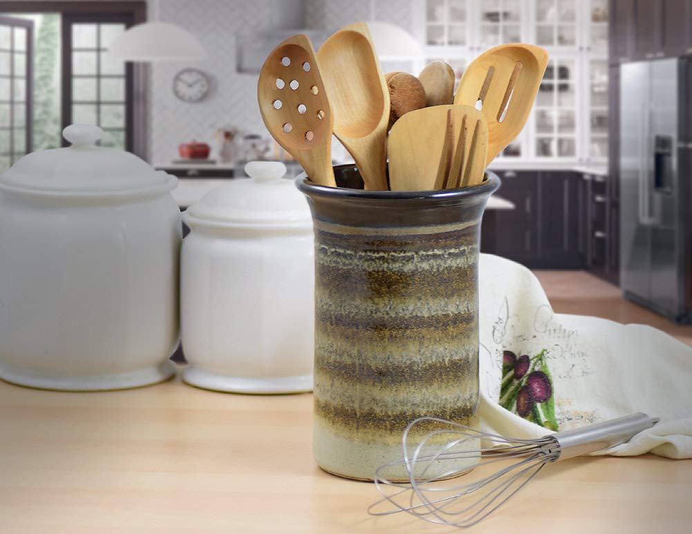 American Made Stoneware Pottery Utensil Holder Jar in Mocha Cream - Perfect for Kitchen Countertop Organization