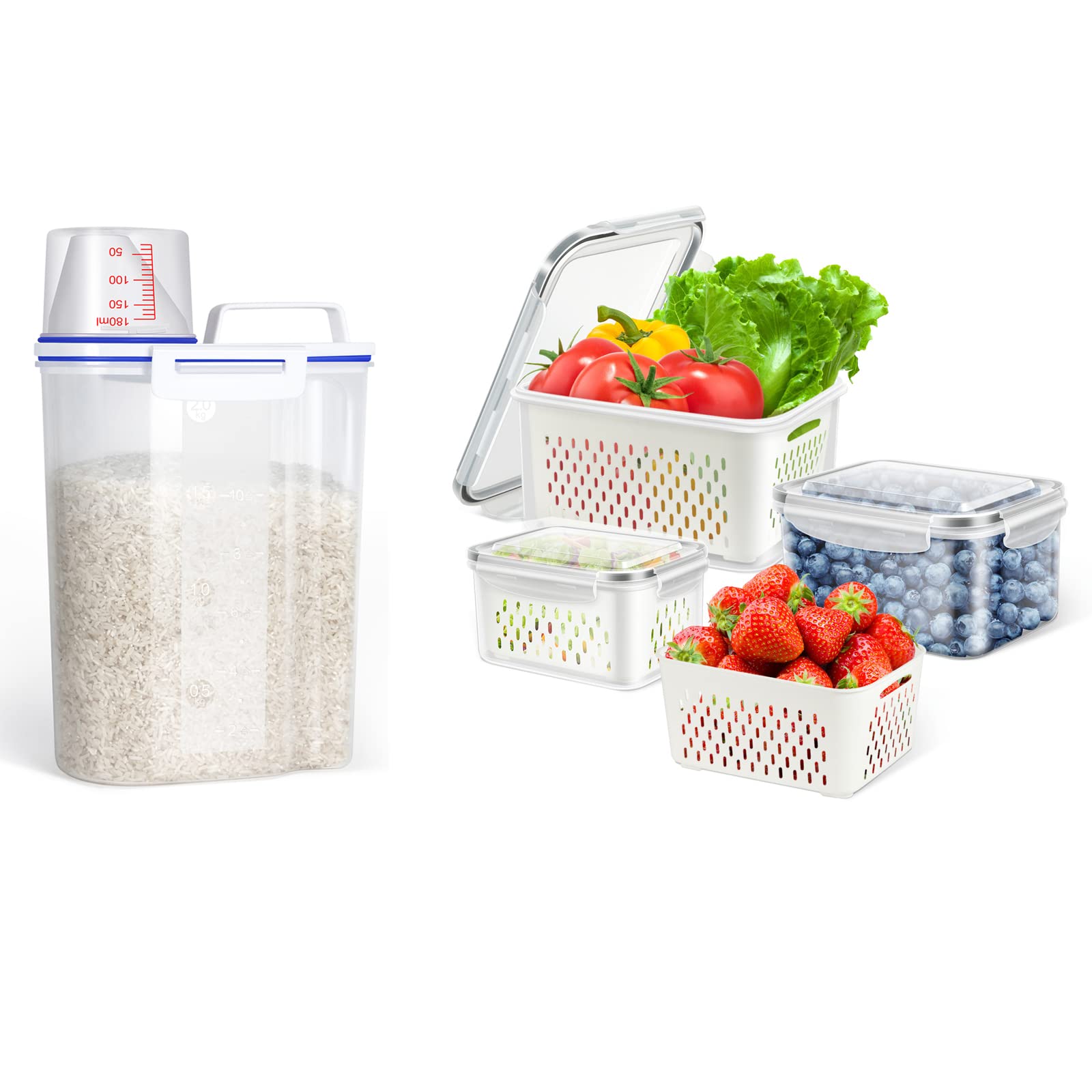 4Lbs Airtight Rice Storage Container + 3-Pack Fresh Produce Keepers - BPA-Free Food Storage for Kitchen & Fridge Organization (Perfect for Grains, Vegetables & Meal Prep)