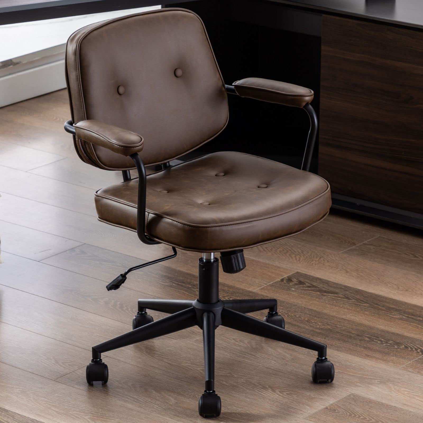 Premium Adjustable PU Leather Office Chair - 360° Swivel Ergonomic Task Chair with Armrests, Thickened Seat & Tilt Function for Home Office (Brown) | Ideal for Remote Work, Gaming & Computer Desks