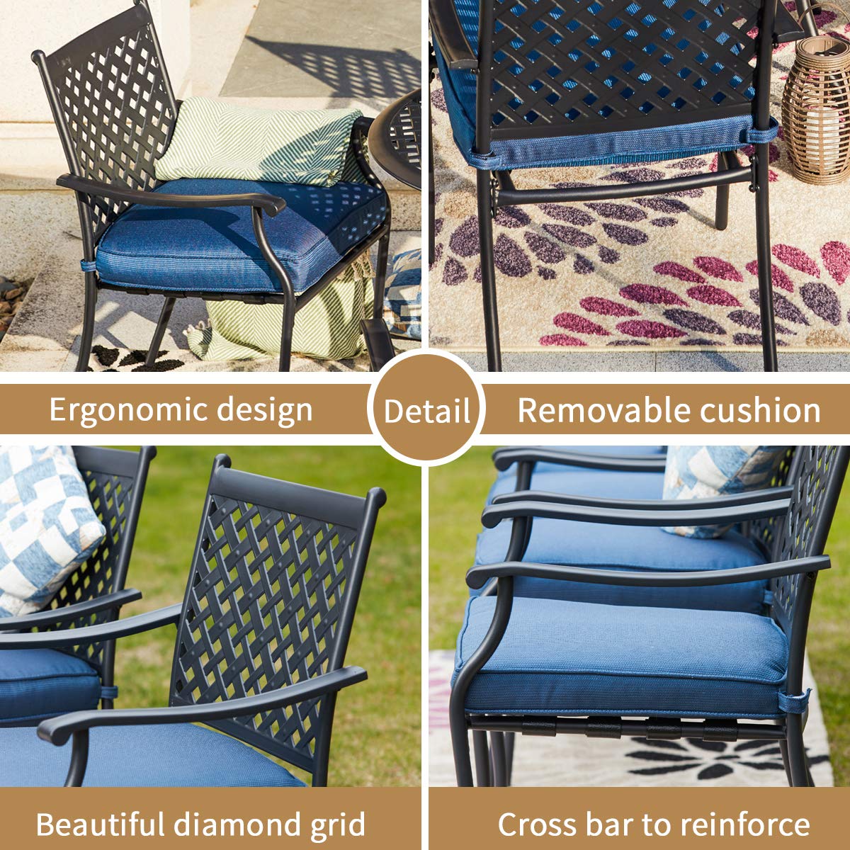 4-Piece Metal Outdoor Wrought Iron Patio Dining Chairs Set with Arms & Cushions (Blue) - Durable Garden, Poolside & Backyard Seating Furniture for Relaxing & Entertaining
