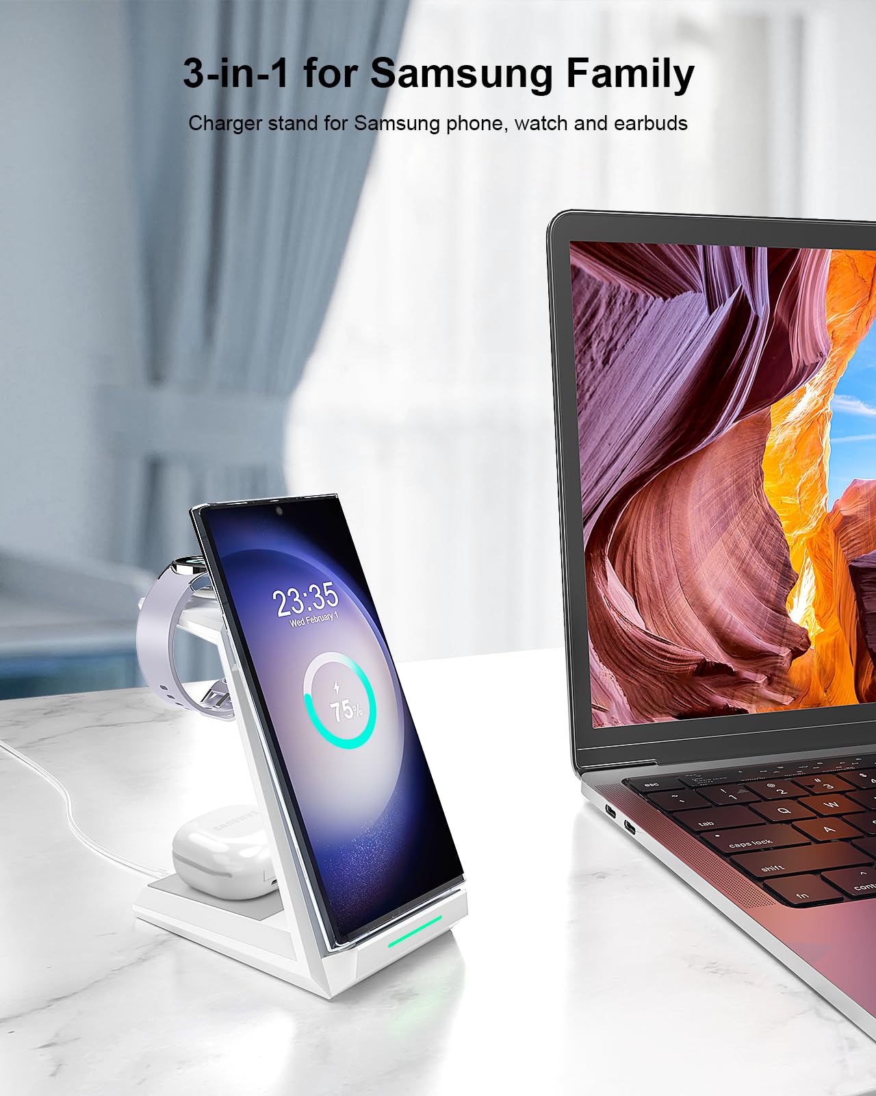ADADPU 3-in-1 Wireless Charging Station for Samsung - Fast Charger Dock for Galaxy S24 Ultra/S23/S22/S21 FE/Z Flip 5/Fold 4, Galaxy Buds 2/Pro, Galaxy Watch 6/5/4 - Perfect for Home, Office & Travel