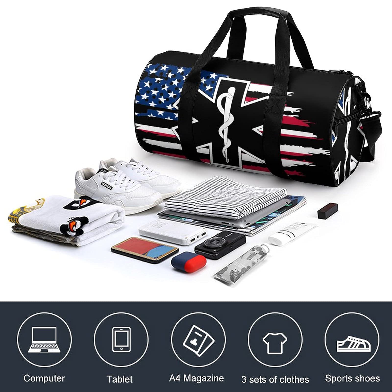 FunnyStar EMS Star of Life EMT Paramedic Gym Bag - American Flag Print Duffle Bag for Men & Women - 17.7 x 9 x 9 Inch Sports Travel Bag - Perfect for Gym, Workouts, Camping & Emergency Medical Professionals