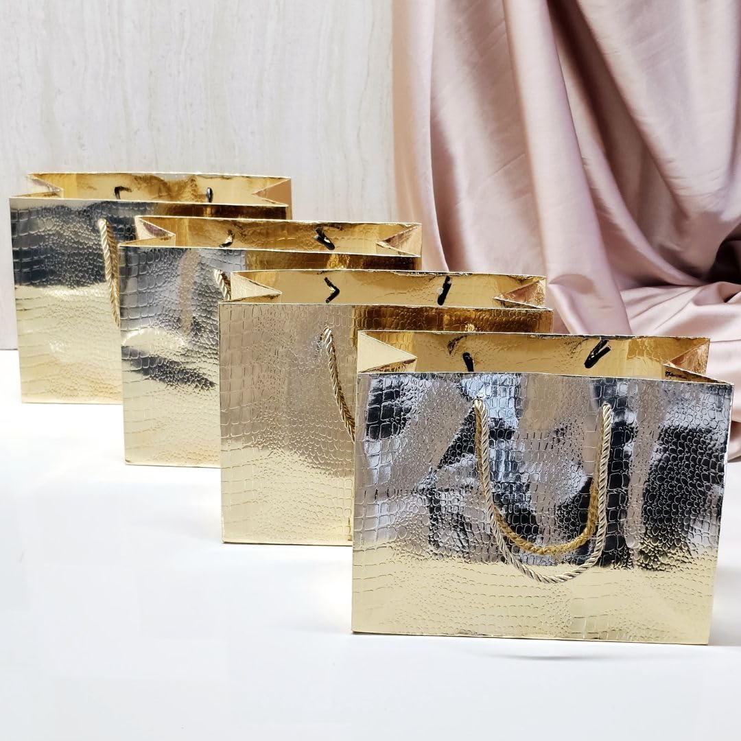 Satyam Kraft 4-Piece Shiny Gift Bags with Handles - Premium Golden Paper Bags for Weddings, Birthdays, Parties, Return Gifts & Holiday Greetings - Perfect for Wedding Favors, Birthday Party Decorations & Christmas Gift Wrapping