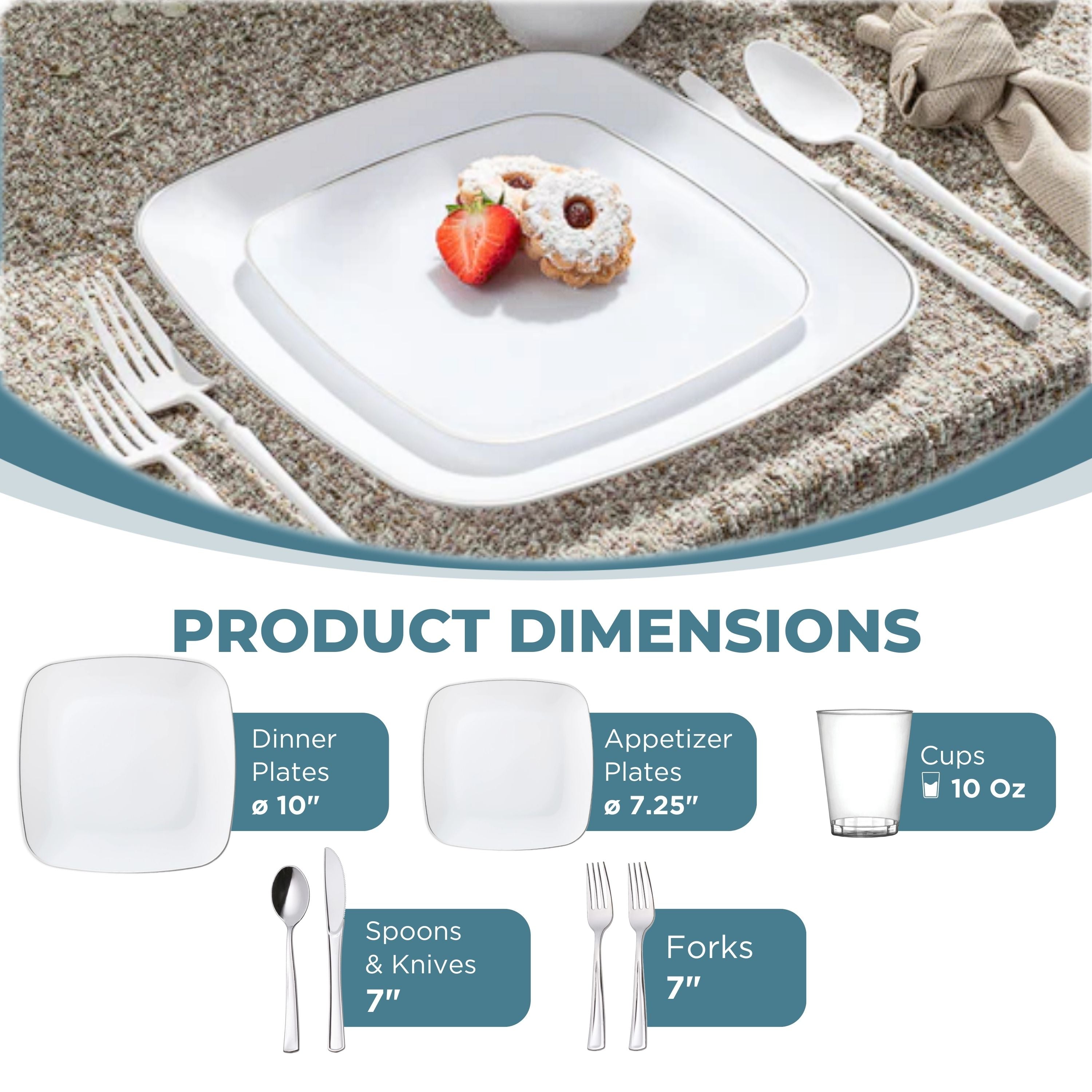 White and Silver Plastic Party Bundle - Classic Square Disposable Plates, Cups, and Cutlery Set for Birthday, Wedding, and Holiday Celebrations