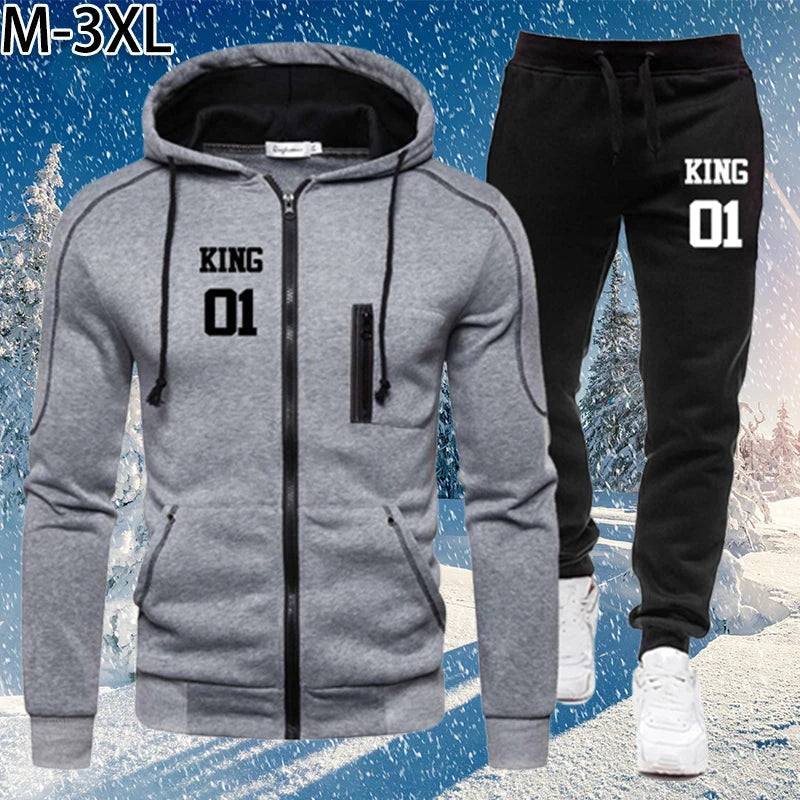 Men's King Printed Tracksuit Set - Zipper Hoodie & Pants 2 Piece Winter Gym Outfit for Jogging, Fitness & Casual Wear | Perfect for Workouts, Running & Street Style Fashion