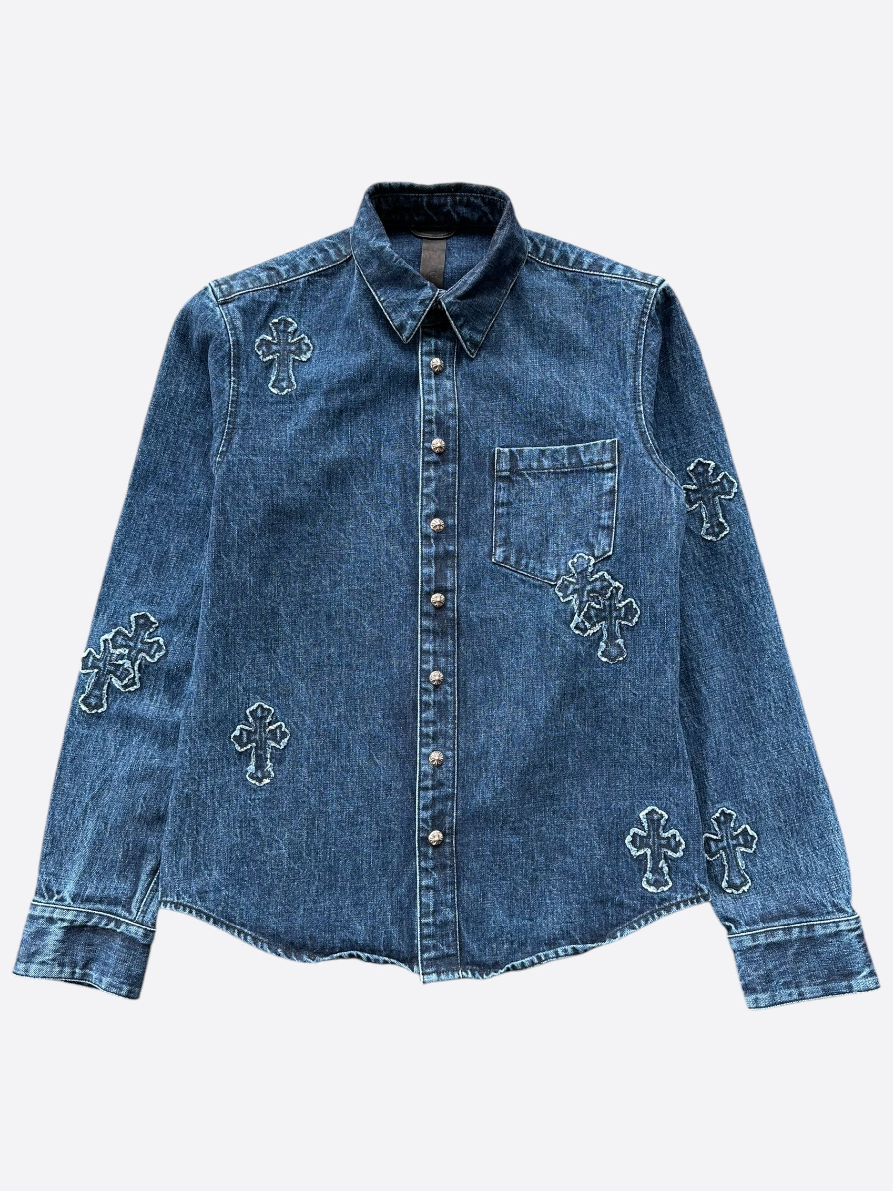 Chrome Hearts Blue Embroidered Cross Patch Denim Shirt for Men | Vintage Distressed Designer Jeans Shirt | Perfect for Streetwear, Concerts & Casual Outfits