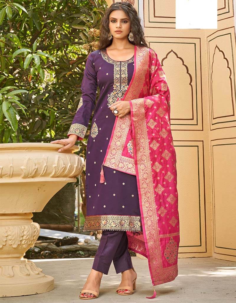 Elegant Banarasi Jacquard Purple Suit with Matching Pants - Traditional Indian Ethnic Wear for Weddings & Festive Occasions