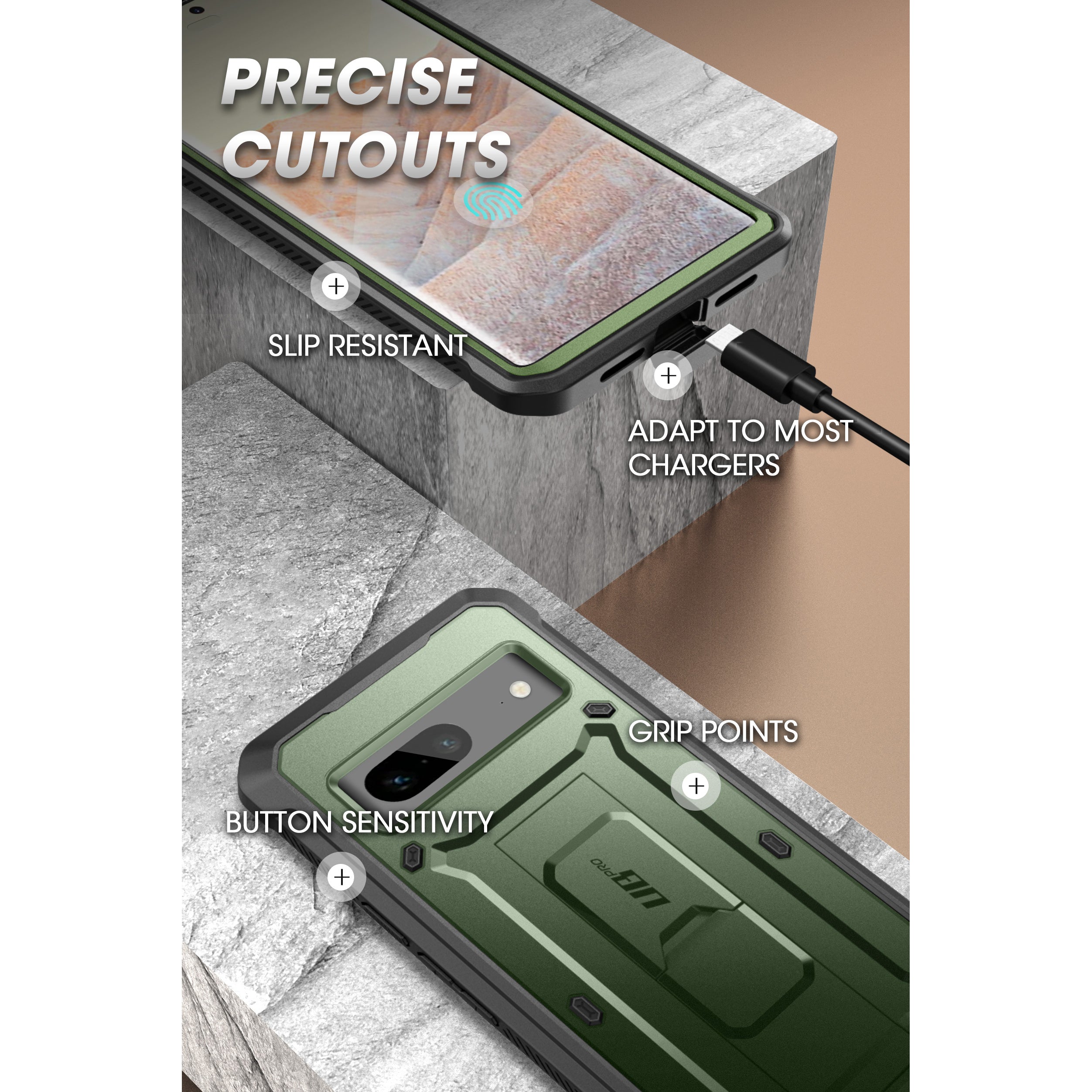 Google Pixel 7 Case - Unicorn Beetle PRO Rugged Holster with Kickstand | Dark Green Protective Cover | Shockproof & Drop Proof | Perfect for Outdoor, Work & Travel