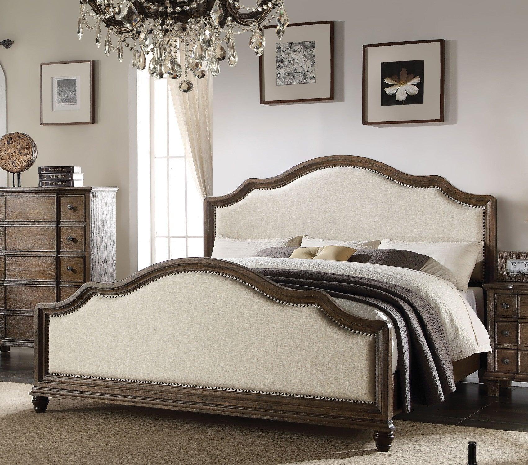 Acme Baudouin Upholstered Queen Size Bed Frame in Weathered Oak Finish - 26110Q - Perfect for Master Bedrooms & Guest Rooms
