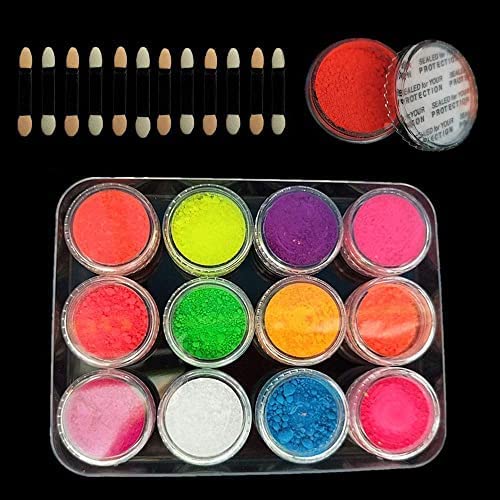 KIRA Neon Pigment Eyeshadow & Nail Powder Set - 12 Vibrant Fluorescent Colors for Face, Body Makeup & Nail Art | Perfect for Festival, Rave, Cosplay & UV Party Glow Looks