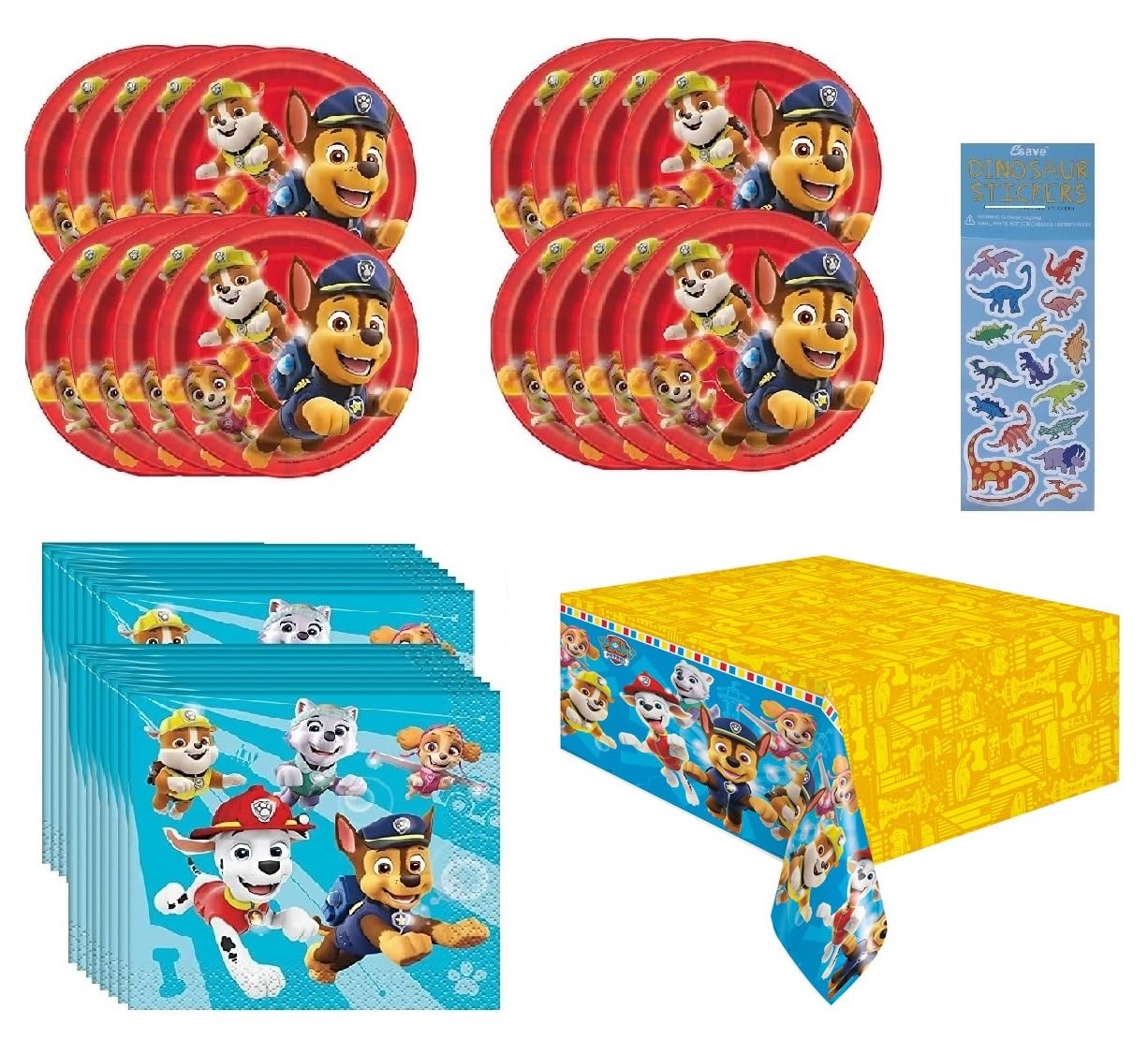 Paw Patrol Birthday Party Supplies Decorations Kit - 16 Dessert Plates, 16 Napkins, 1 Table Cover & 1 Dino Sticker Sheet - Perfect for Kids' Themed Parties, Baby Showers & Birthday Celebrations