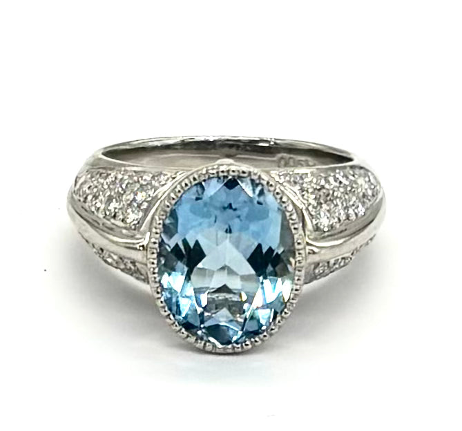 Platinum Diamond & Aquamarine Oval Ring for Women - Elegant Wedding, Engagement & Anniversary Jewelry Gift