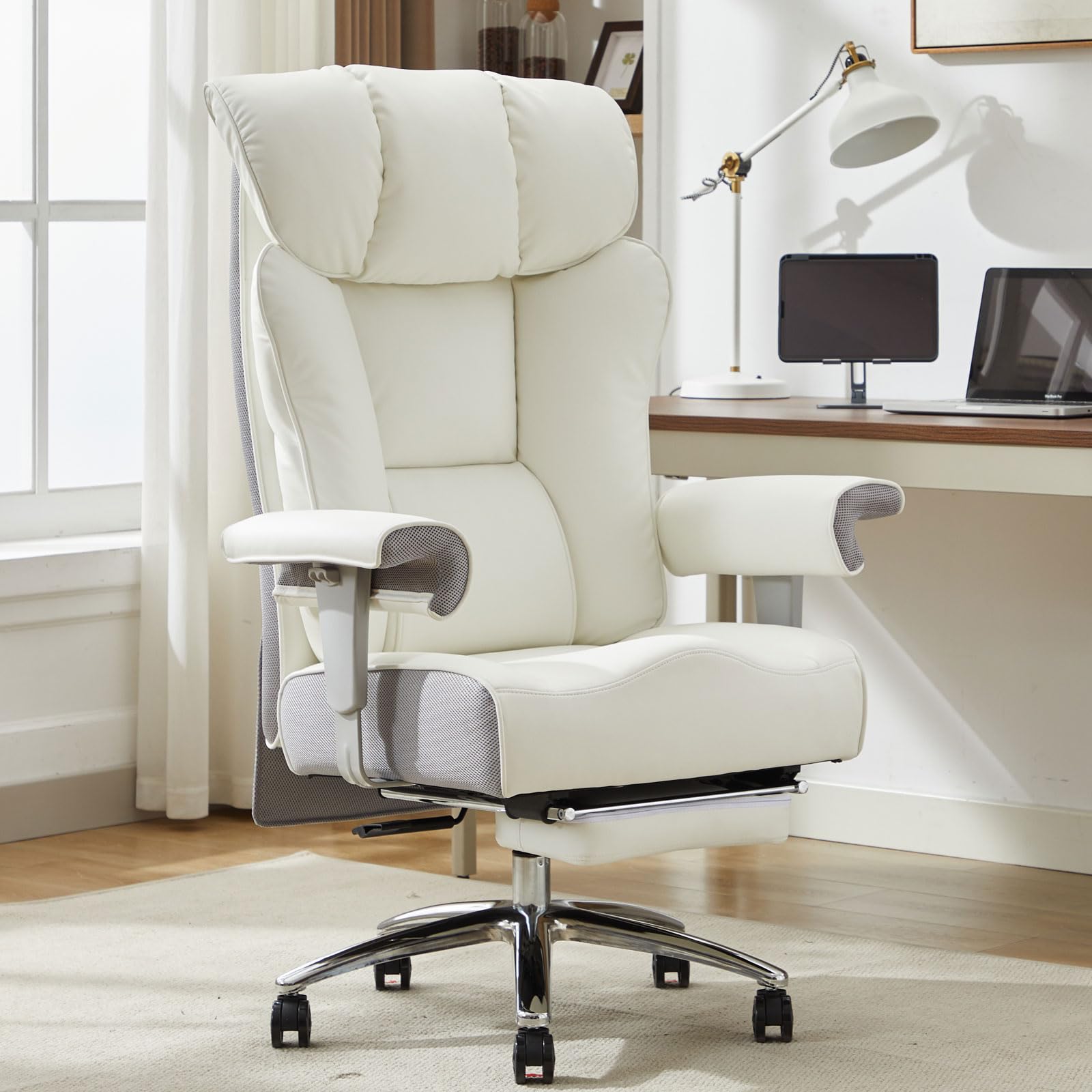 Efomao Big and Tall Office Chair 450lbs - Heavy Duty Ergonomic Executive Desk Chair with Adjustable Footrest & High Back Support - White PU Leather Computer Chair for Home Office, Gaming, and Workspaces