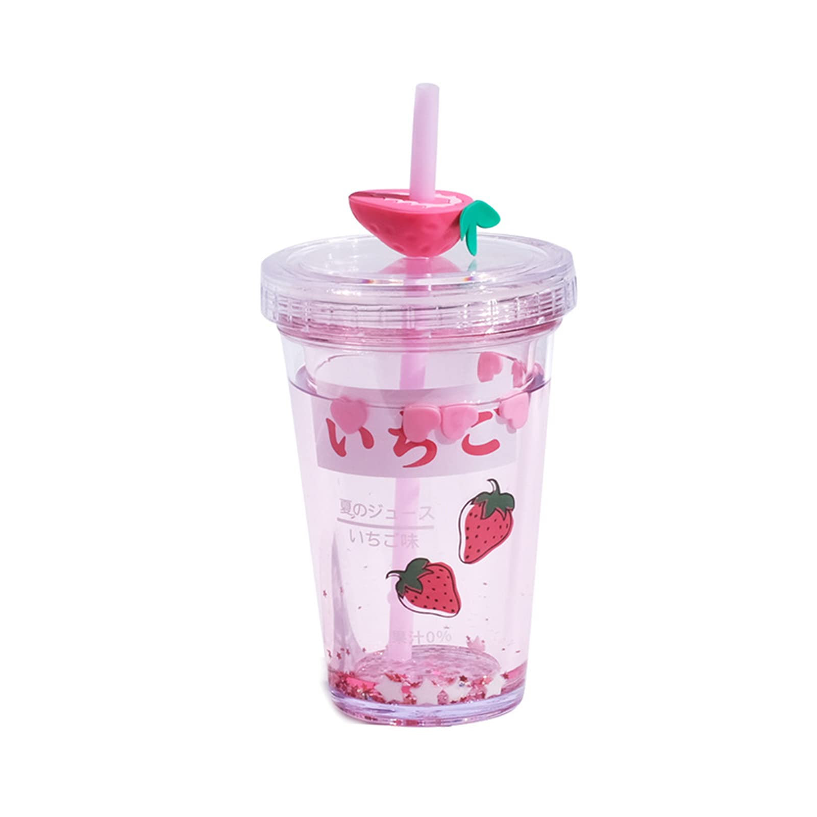 450ml Straw Water Bottle with Cartoon Pattern - BPA-Free Plastic Reusable Drinking Cup for Kids, School, Gym & Outdoor Activities - Pink