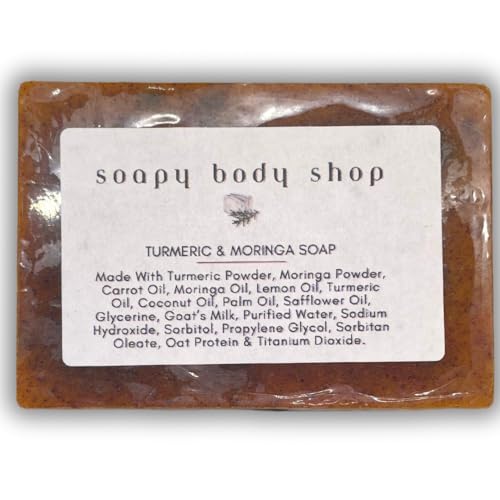 Organic Moringa Turmeric Soap Bar with Essential Oils - Moisturizing, Anti-Aging & Brightening Handmade Skincare for Radiant Skin - Gentle Exfoliation & Deep Cleansing - Perfect for Daily Face & Body Wash, Spa Treatment & Gift (1 Pack)