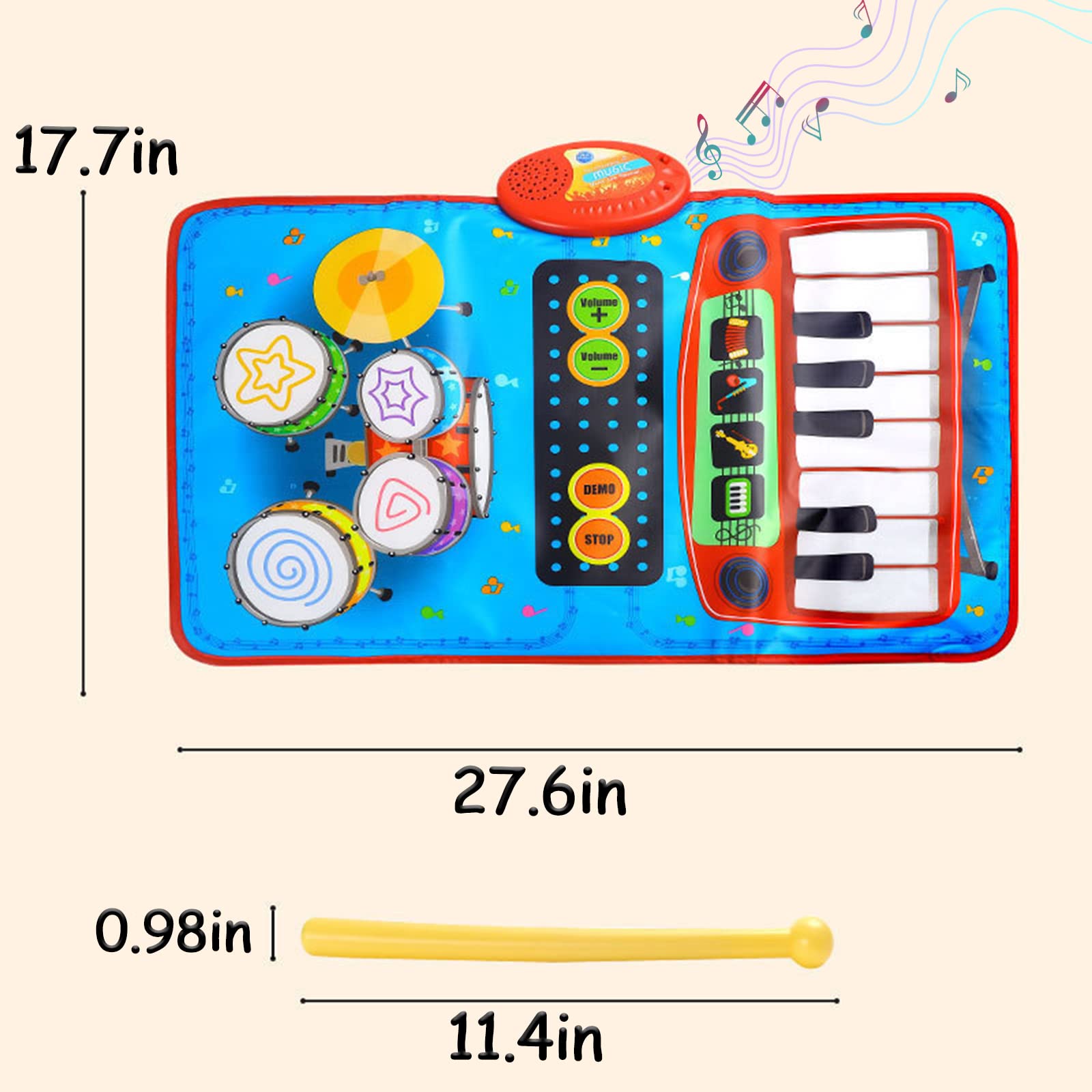 2-in-1 Musical Playmat for Kids - Portable Piano & Drum Touch Keyboard with 4 Instrument Sounds | Interactive Floor Mat Toy for Toddlers & Children (27.5