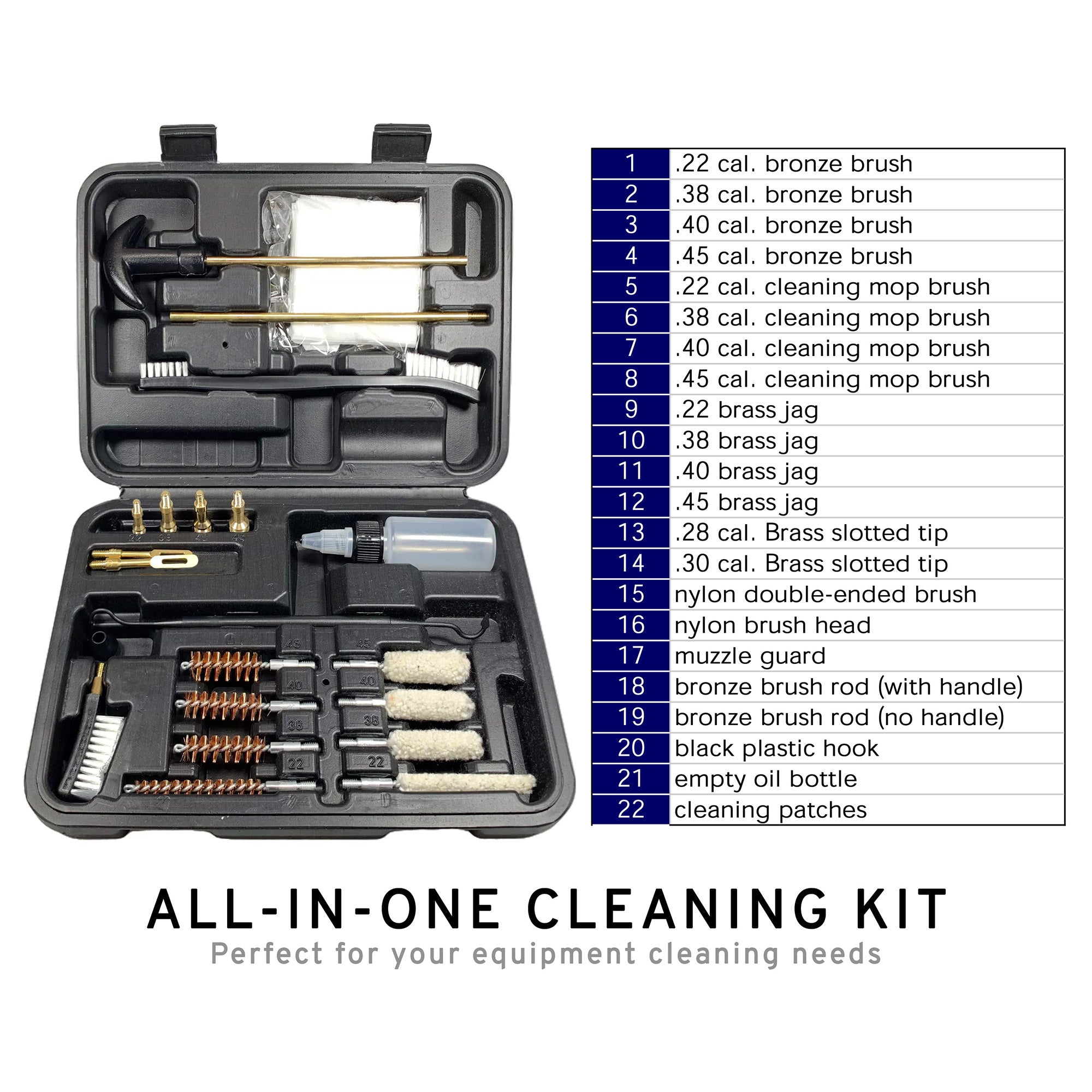 Premium Gun Cleaning Kit for .22, .38, .40, .45 & .30 Caliber - Bronze Brush, Mop Brush, Brass Jags & Rods for Rifle & Pistol Maintenance - Includes Durable Travel Case - Perfect for Hunting, Range Practice & Firearm Care