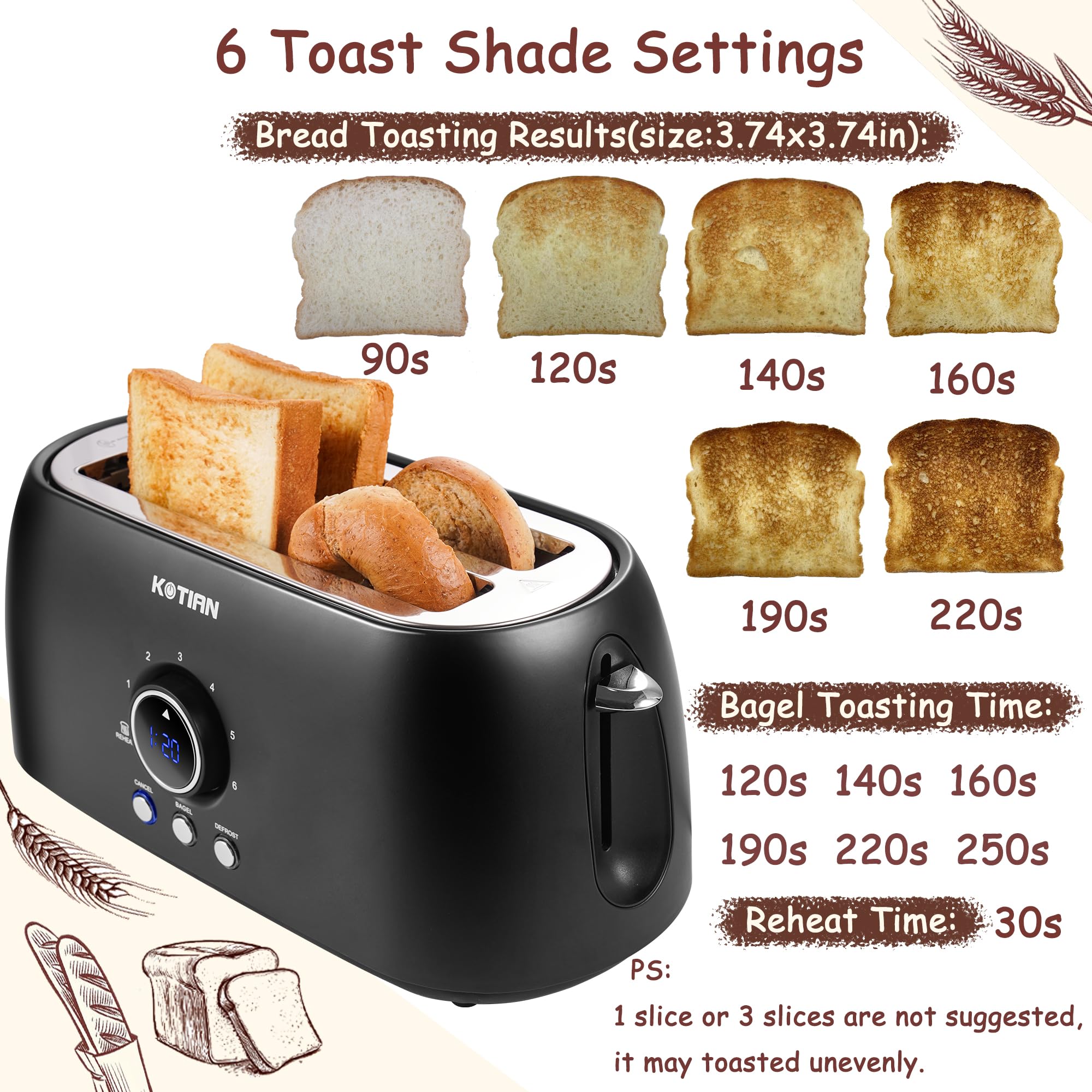 **KOTIAN 4-Slice Retro Toaster - Stainless Steel Long Slot Toaster with Countdown Timer, Bagel, Defrost & Reheat Functions - Extra Wide Slots, 6 Toast Settings, Removable Crumb Tray (Matte Black) - Perfect for Breakfast, Brunch & Small Kitchens**