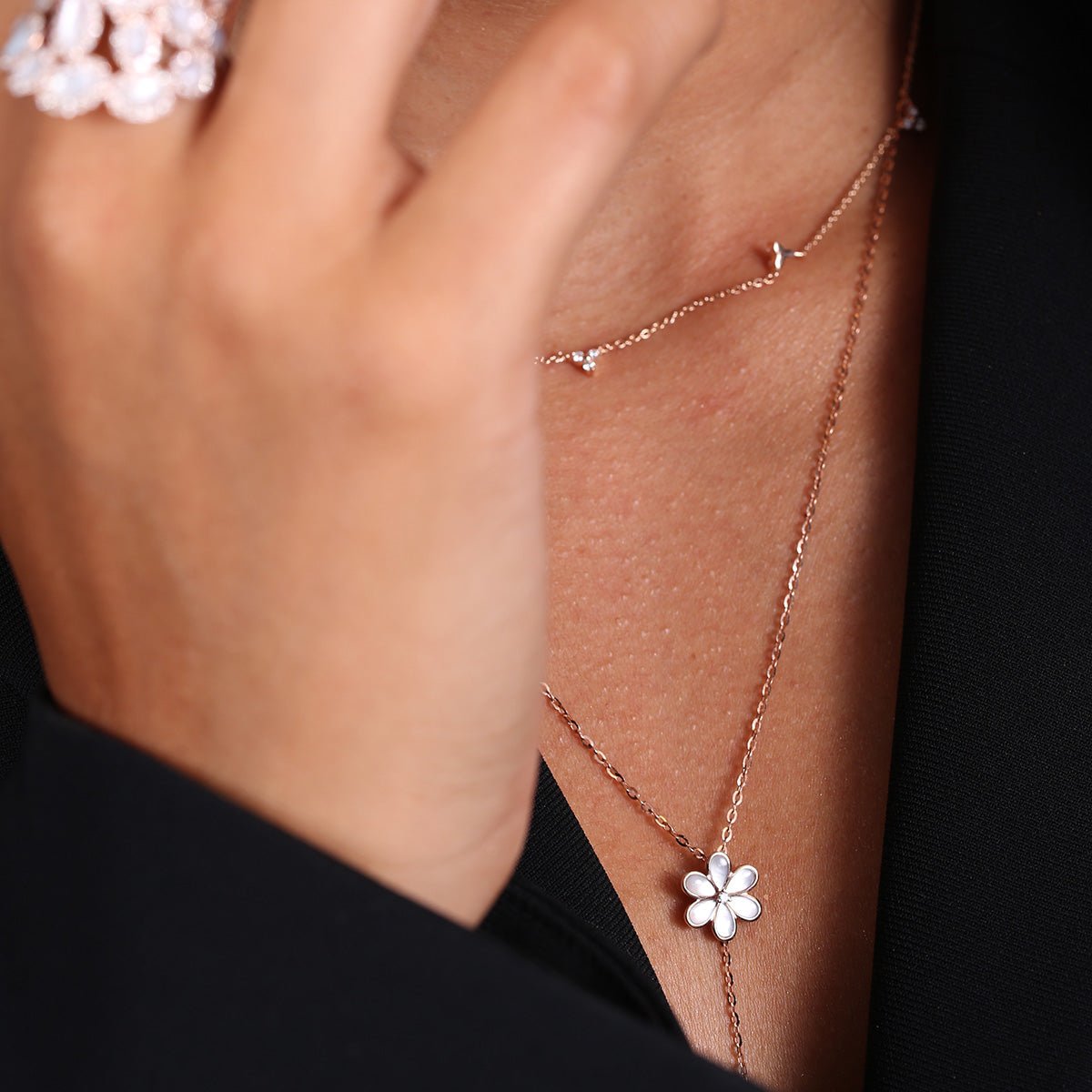 14k Rose Gold Mother of Pearl Flower & Diamond Drop Lariat Necklace - Elegant Bridal Jewelry for Weddings, Anniversaries & Special Occasions