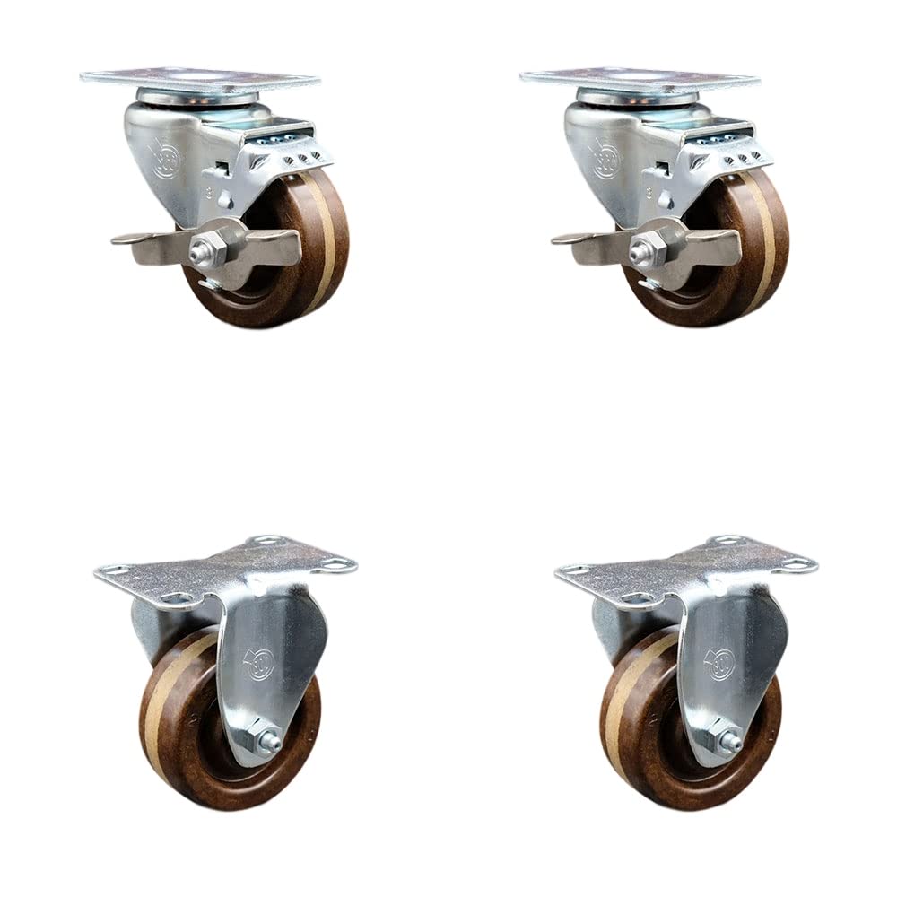 4-Piece High-Temperature Caster Set with 2 Brake & 2 Rigid Wheels - 3