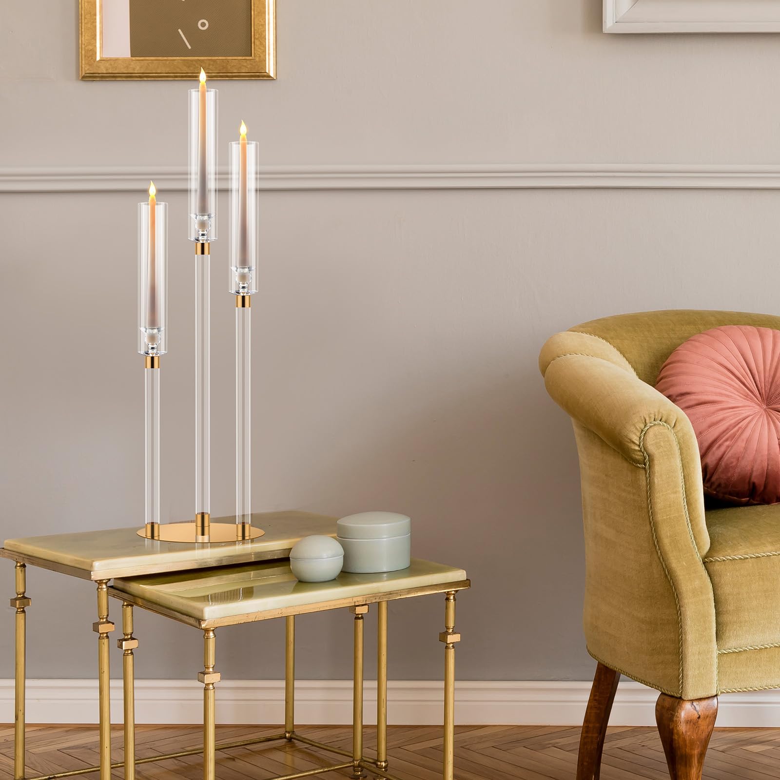 Layhit 6-Pack 30.5'' Tall Clear Acrylic Candelabra Centerpieces - Gold 3-Arm Crystal Candle Holders with Clear Lampshade for Wedding, Party & Home Decor - Fits 0.8