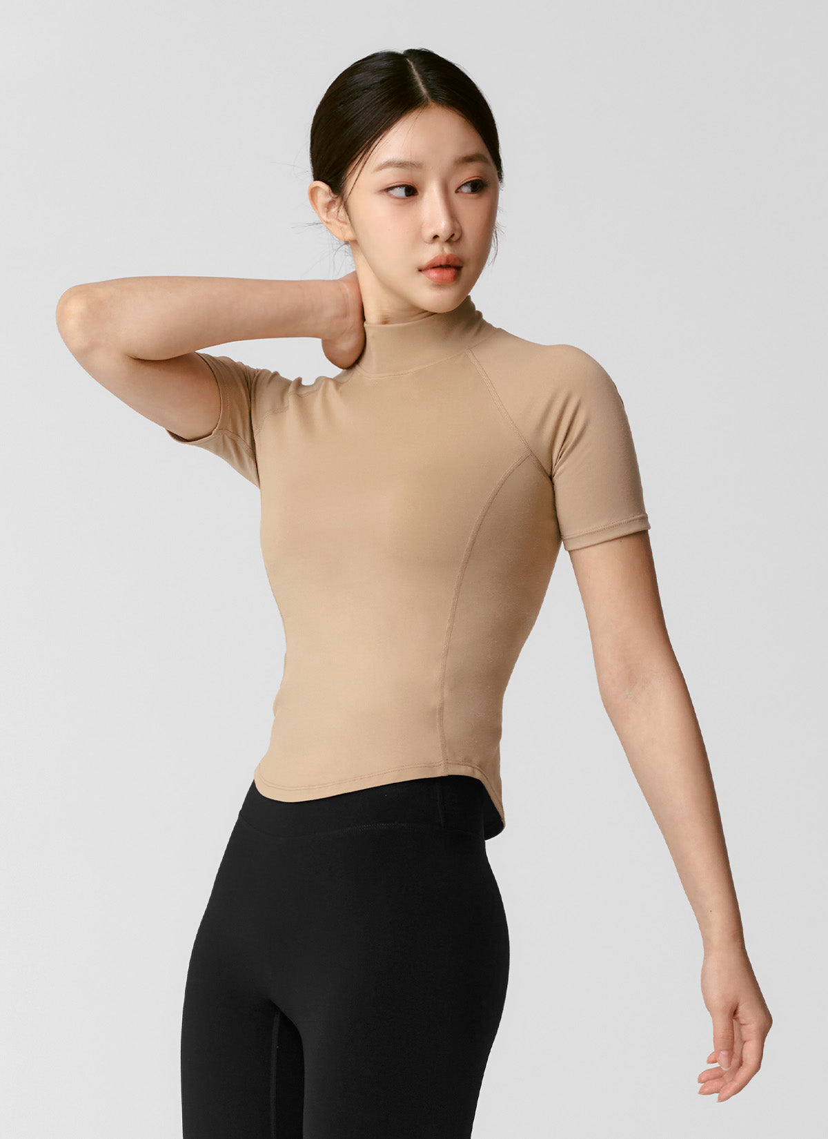 Peach-Colored Mock Neck Short Sleeve T-Shirt for Women - Casual Summer Top for Outfits, Dating & Office Wear