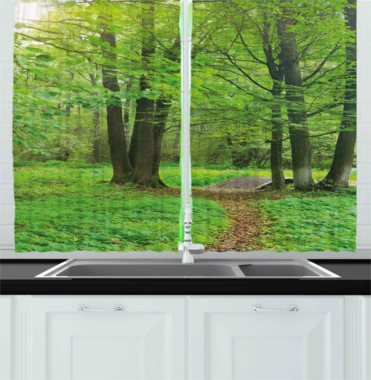 Ambesonne Nature Long Kitchen Curtains - Summer Forest Scenery with Trees, Grass & Pathway - 2 Panel Rod Pocket Drapes for Living Room, Bedroom Decor - 55