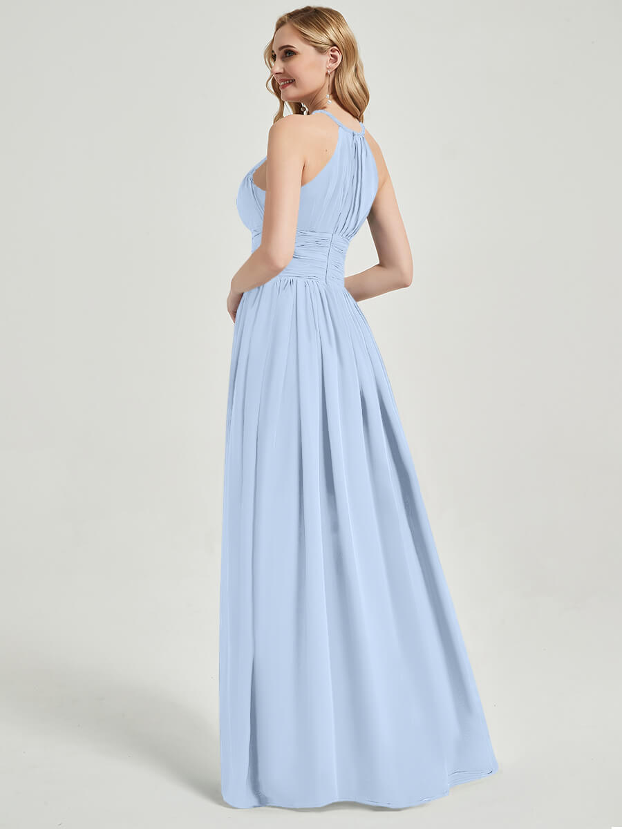 Cornflower Blue Pleated Halter Neck Sleeveless Chiffon Bridesmaid Dress - Elegant Formal Gown for Weddings, Parties & Special Occasions