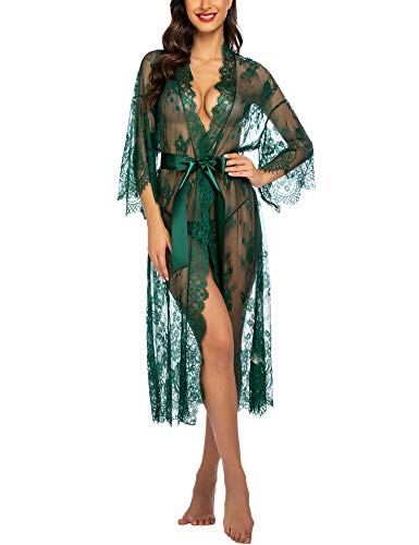 Avidlove Women's Sexy Long Lace Lingerie Kimono Robe Sheer Babydoll Nightgown - Elegant Sleepwear for Romantic Nights & Boudoir Photography