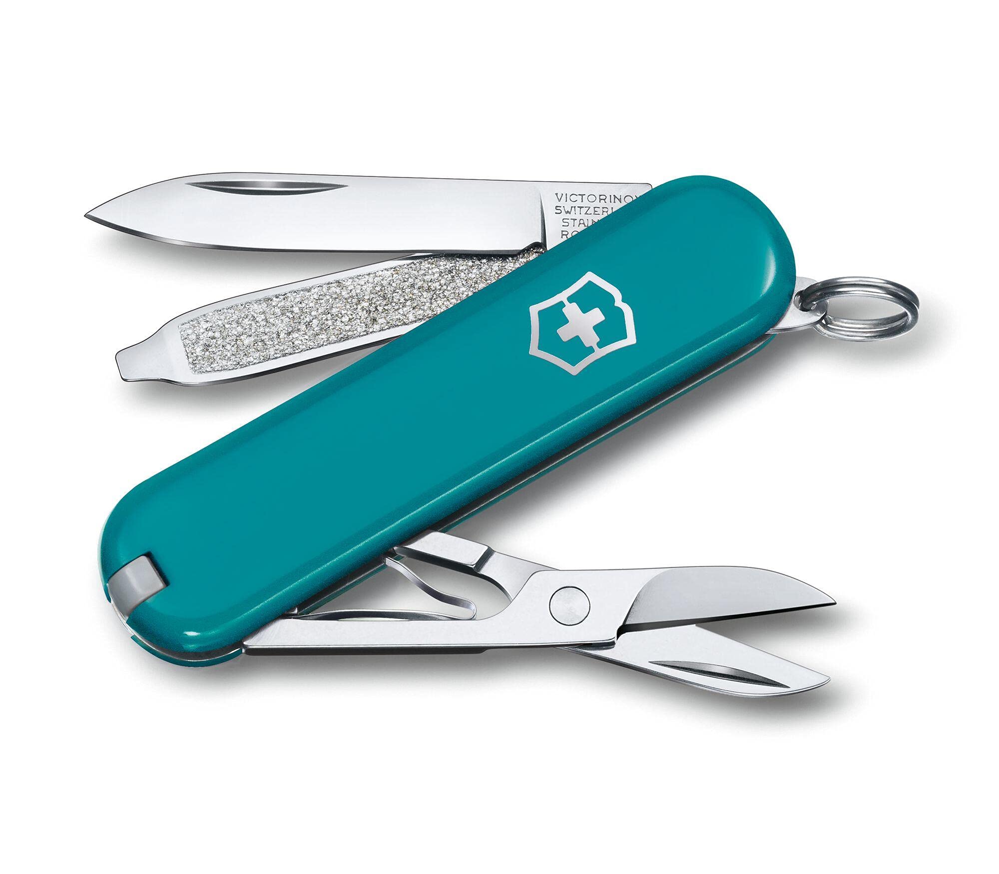 Victorinox Classic SD Swiss Army Knife - 7-in-1 Multi-Tool with Small Blade, Screwdriver & Key Ring | Compact Swiss Made Pocket Knife in Mountain Lake Blue | Perfect for Camping, Hiking, Everyday Carry & Outdoor Adventures