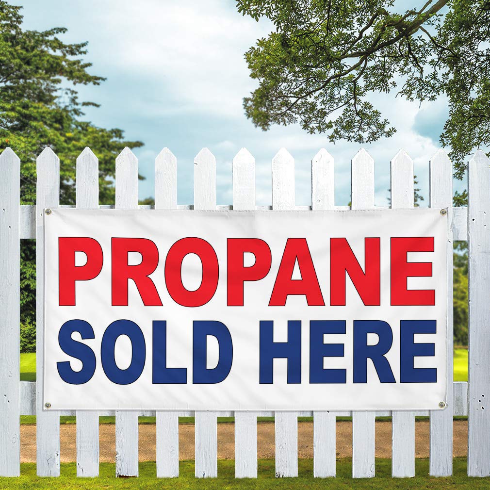 Custom Vinyl Banner - Durable Weatherproof Propane Sold Here Sign for Business & Outdoor Use - Red & Blue Industrial Yard Sign with 8 Grommets (48x96 Inches) - Perfect for Gas Stations, Construction Sites & Retail Stores