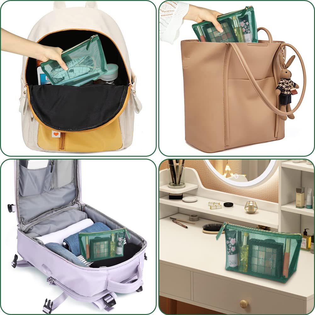 3 Pack Mesh Makeup Bags - Breathable Cosmetic Organizer Pouch for Travel, Home & Gym - Portable Toiletry Storage Case (Green) - Perfect for Makeup Brushes, Skincare Products & Jewelry Organization