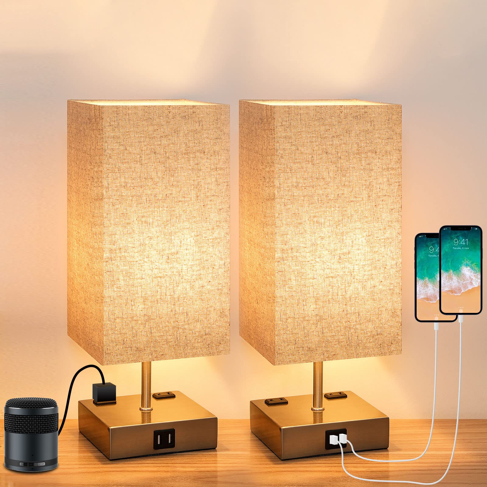 FAGUANGAO Modern Touch Control Table Lamp Set of 2 - 3-Way Dimmable Nightstand Lamps with 2 USB Ports & 2 AC Outlets, Fabric Shade Bedside Desk Lamps for Bedroom, Living Room, Dorm, Home Office (Bulb Included) | Perfect for Reading, Working & Nighttime Use