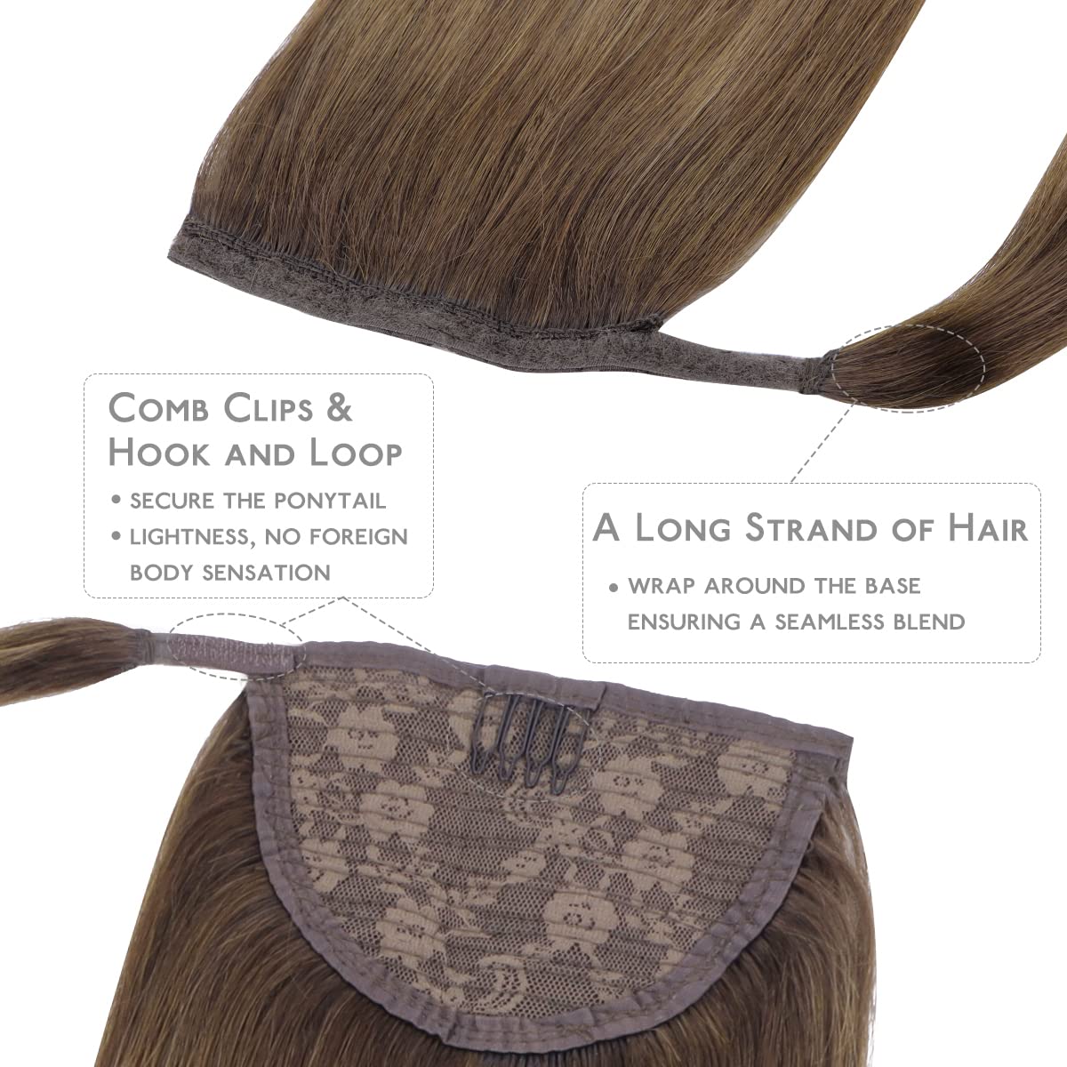 WENNALIFE 22 Inch Clip-in Ponytail Hair Extension - 80g Balayage Chocolate Brown to Blonde Ombre Human Hair - Wrap Around Remy Hairpiece for Women | Perfect for Parties, Weddings & Everyday Styling