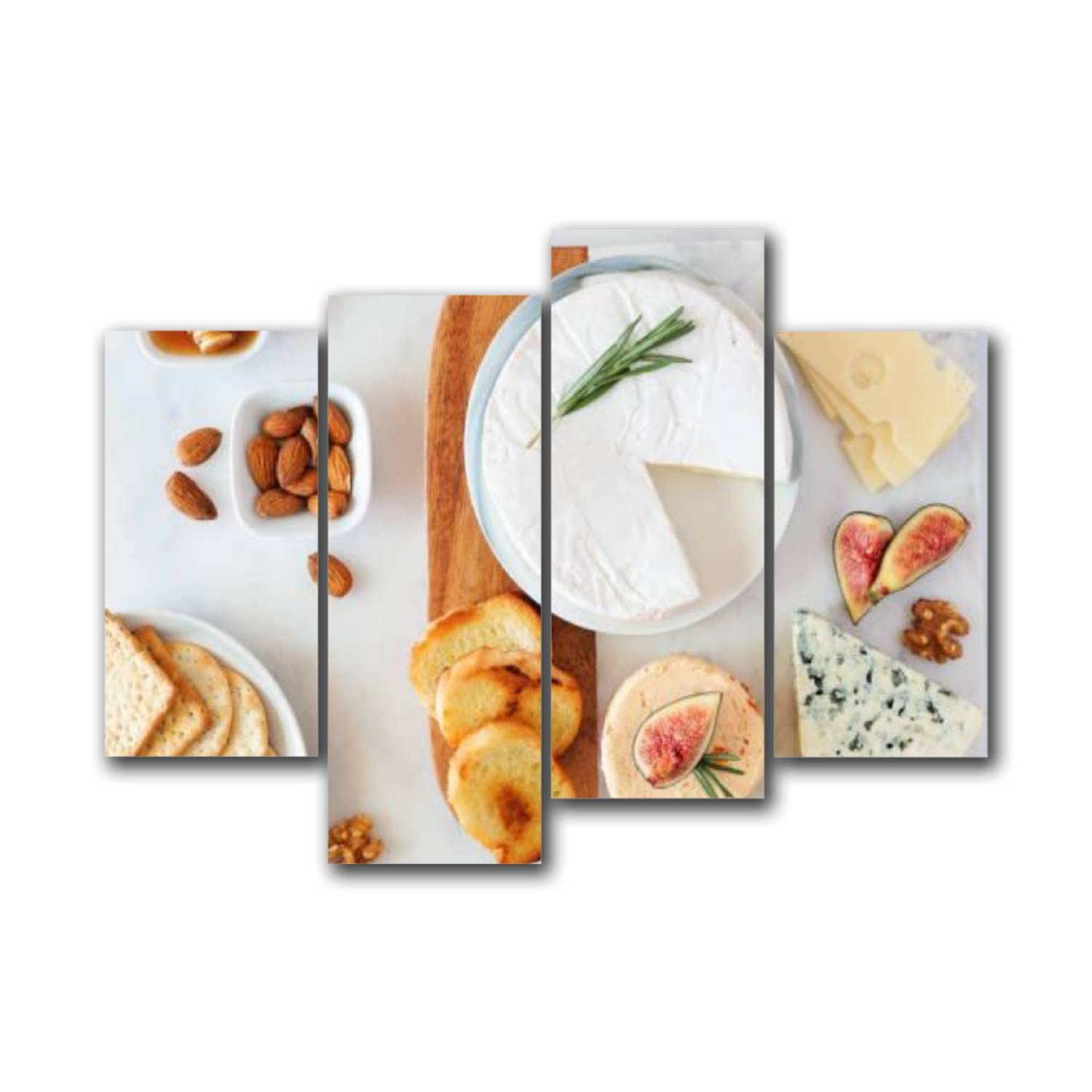 Premium Cheese Platter Set with Assorted Cheeses, Crackers, Figs, Nuts & Honey | Modern Canvas Wall Art Prints - 4 Piece Framed Gallery Poster Set for Living Room, Bedroom, Restaurant & Home Decor | Perfect for Dinner Parties, Wine Tasting & Interior Design