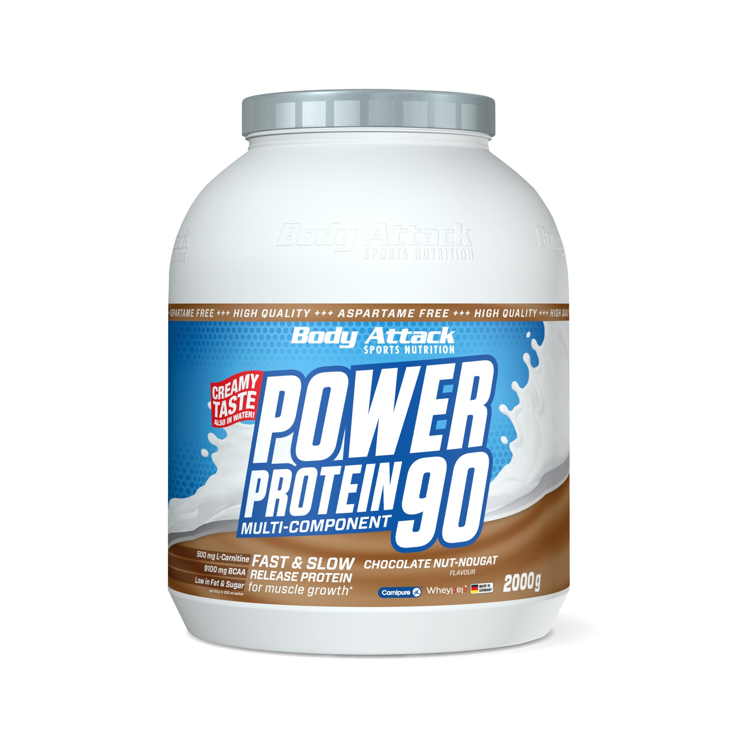 Body Attack POWER PROTEIN 90 - Chocolate Nut Nougat Flavor - 2kg Multi-Component Protein Powder with BCAA, Vitamins & L-Carnitine | Made in Germany | Creamy Protein Shake for Muscle Recovery & Workout Nutrition | Perfect for Post-Workout, Fitness Enthusiasts & Bodybuilding